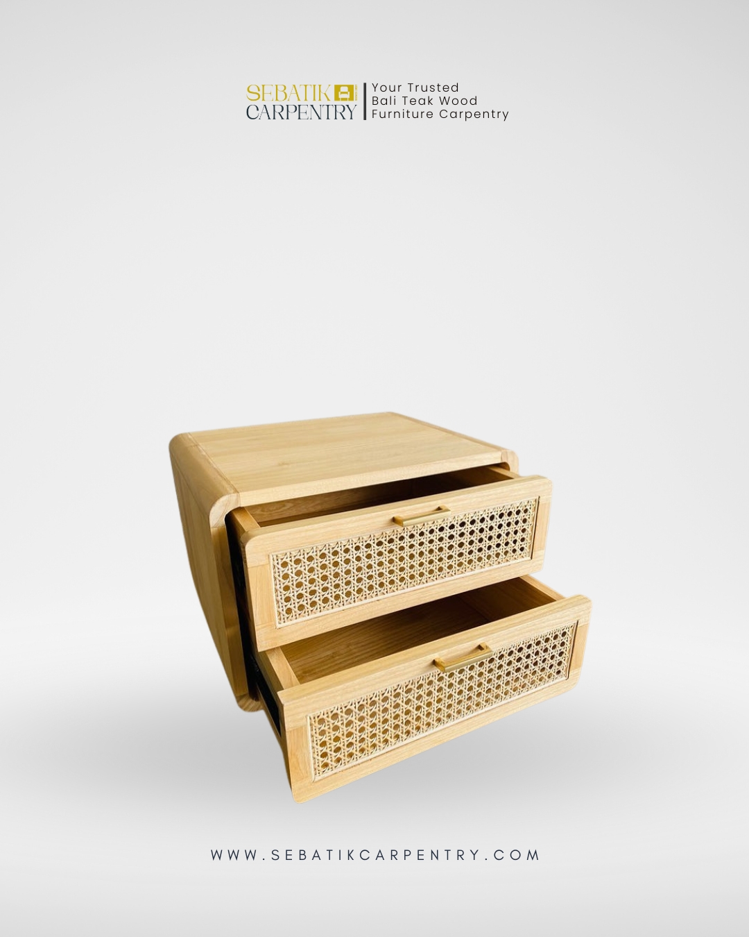Sebatik Carpentry – Teak Wood Bedside Table with 2 Rattan Drawers