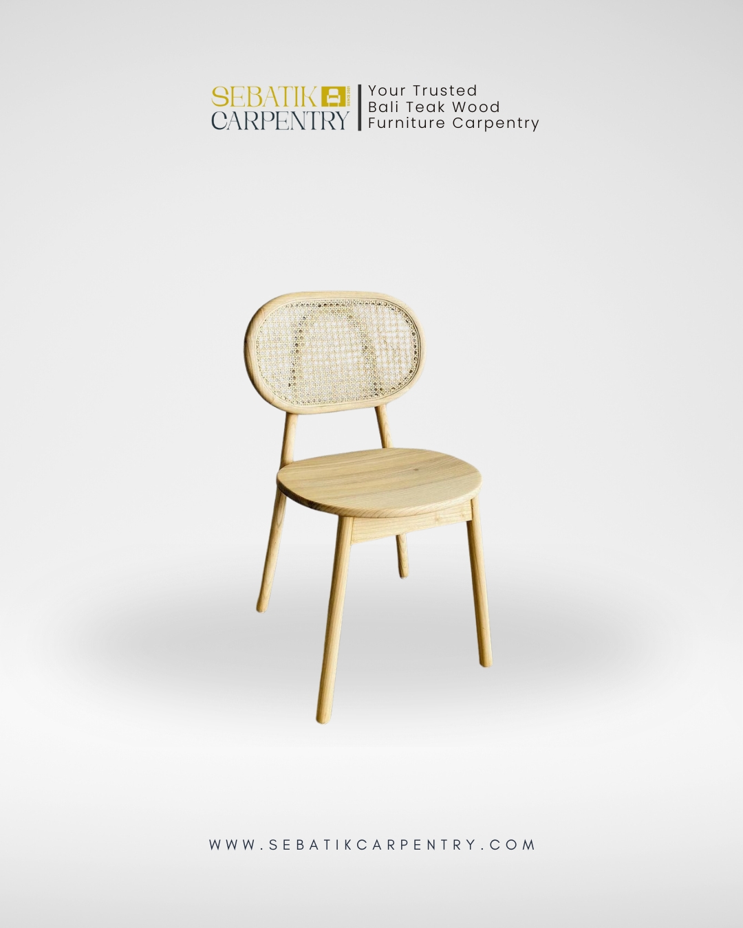 Classic Natural Light Teak Dining Chair with Woven Rattan Backrest