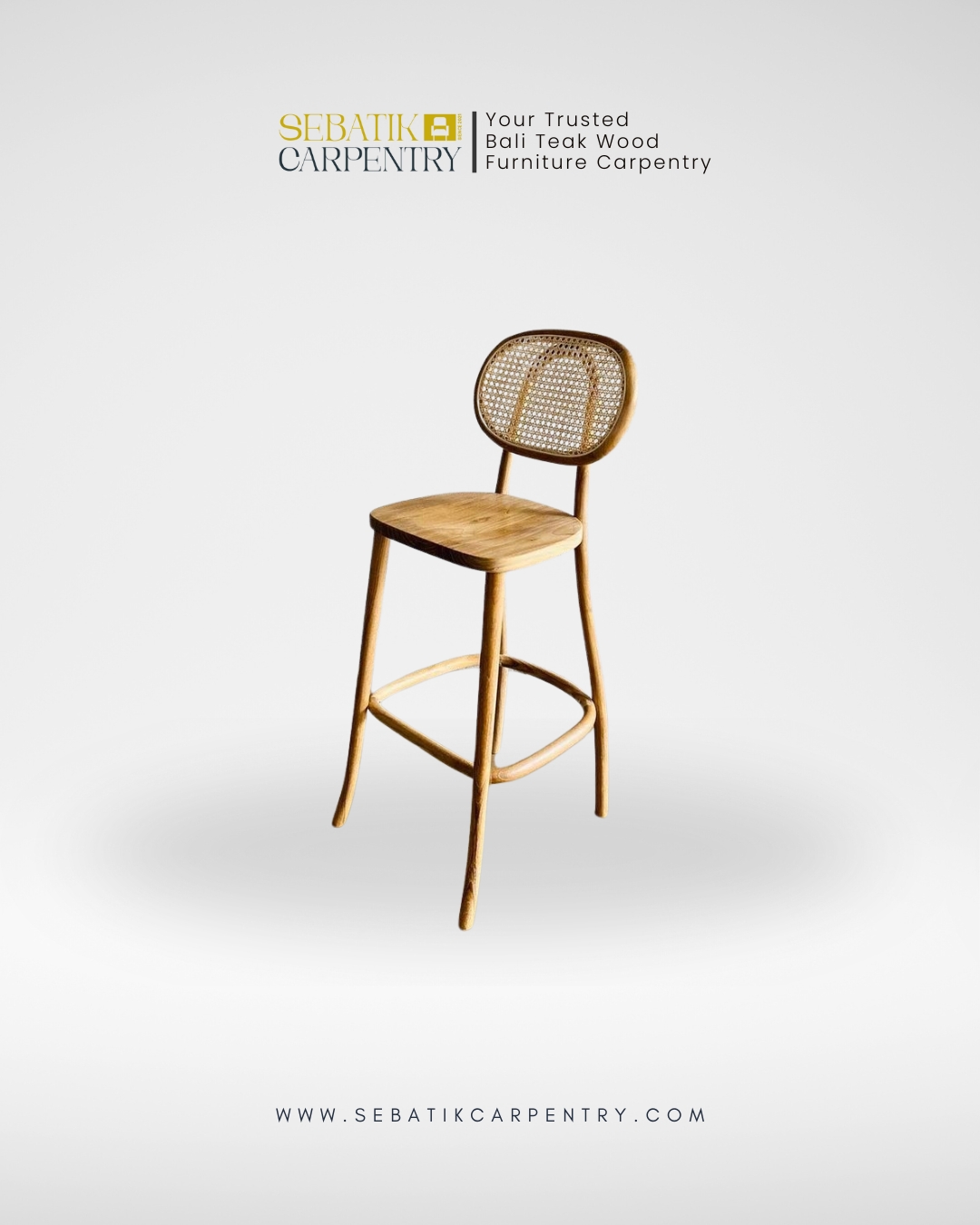 Sebatik Carpentry – Teak Wood Bar Stool with Round Rattan Backrest