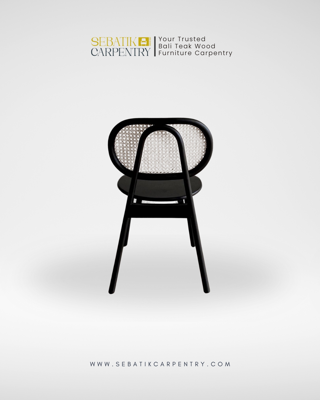Classic Black Teak Dining Chair with Woven Rattan Backrest