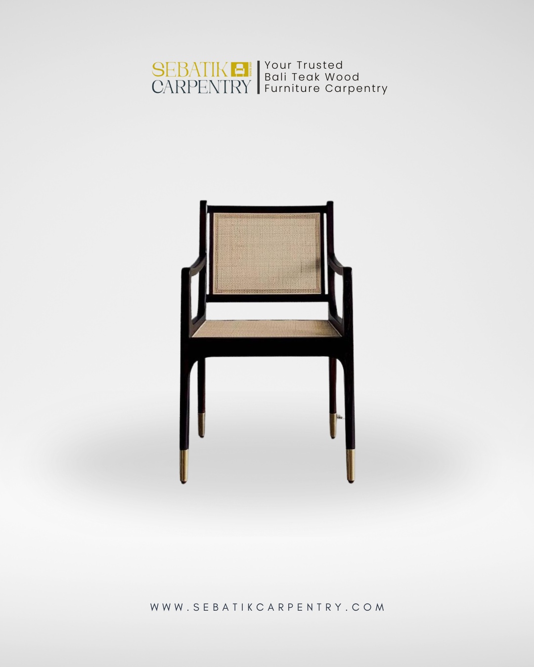 Teak Rattan Accent Armchair with Brass Detail