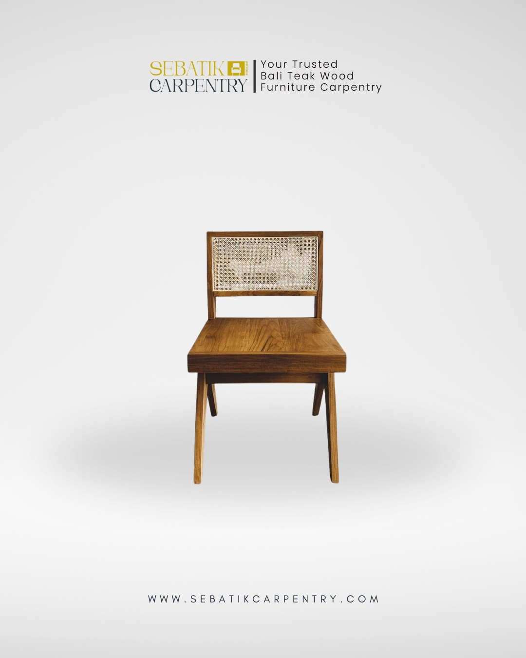 Geometric Teak Chair with Woven Rattan Backrest