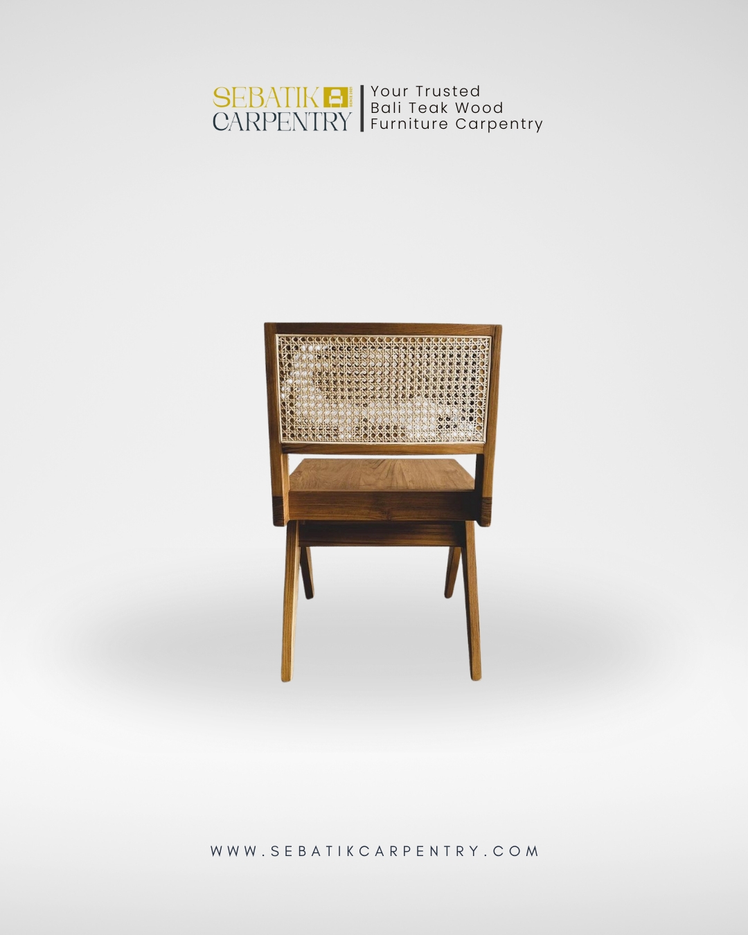Geometric Teak Chair with Woven Rattan Backrest
