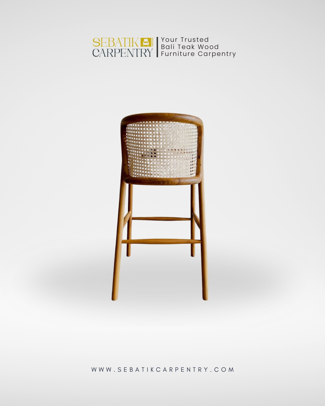 Sebatik Carpentry – Teak Wood Bar Stool with Rattan Backrest