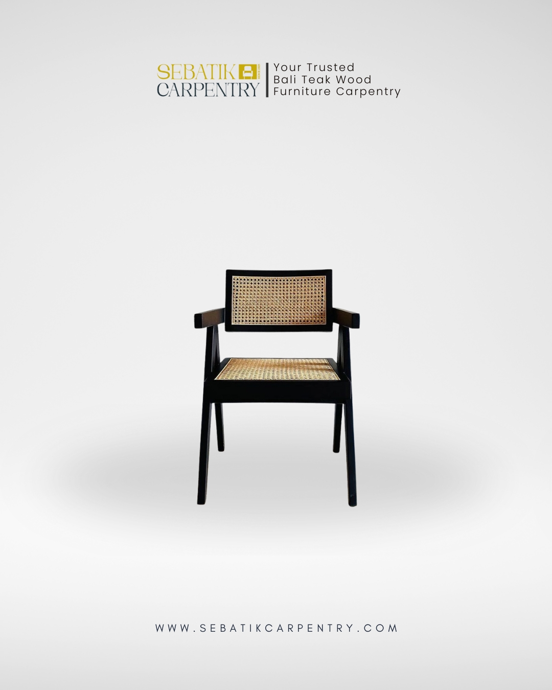 Modern Teak Armchair with Woven Rattan Seat & Backrest