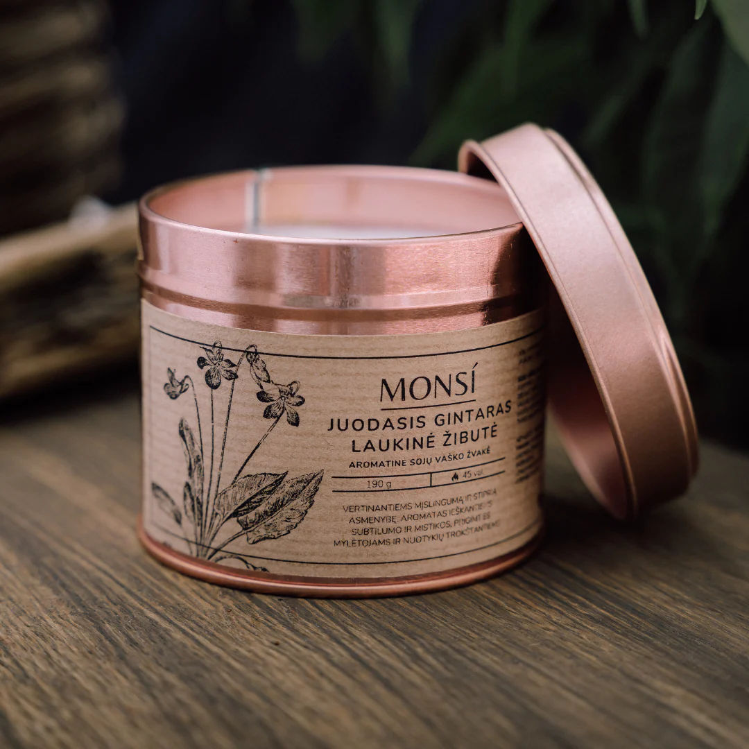 Sojų vaško žvakė - Juodasis gintaras ir laukinė žibutė (250ml)