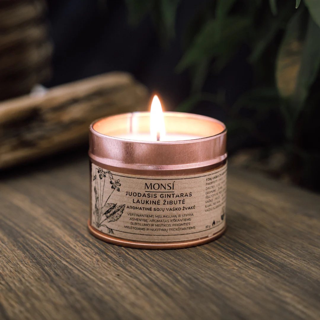 Sojų vaško žvakė - Juodasis gintaras ir laukinė žibutė (100ml)