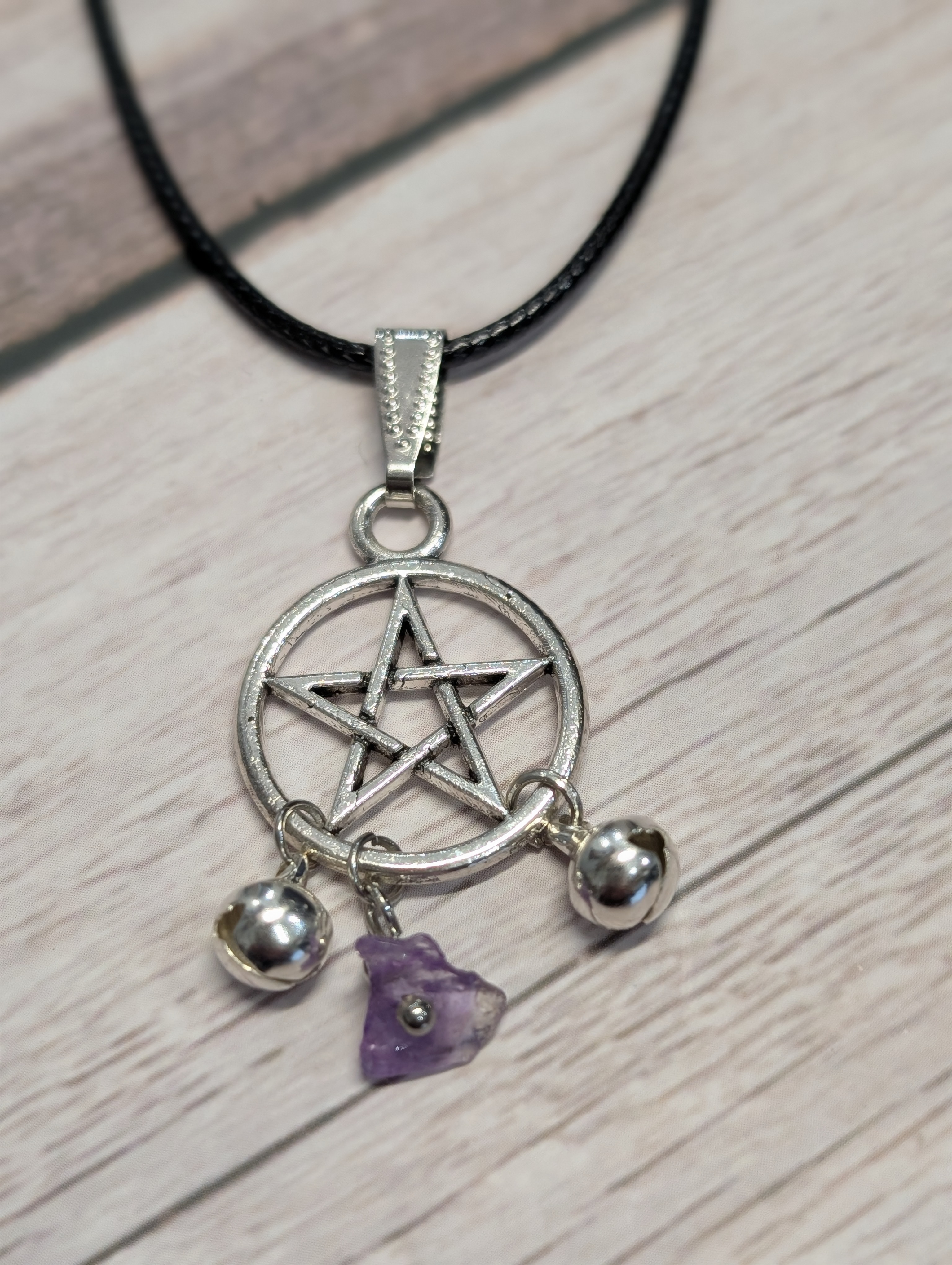 Witches Bell Pentacle Pendant Necklace with Amethyst Crystal