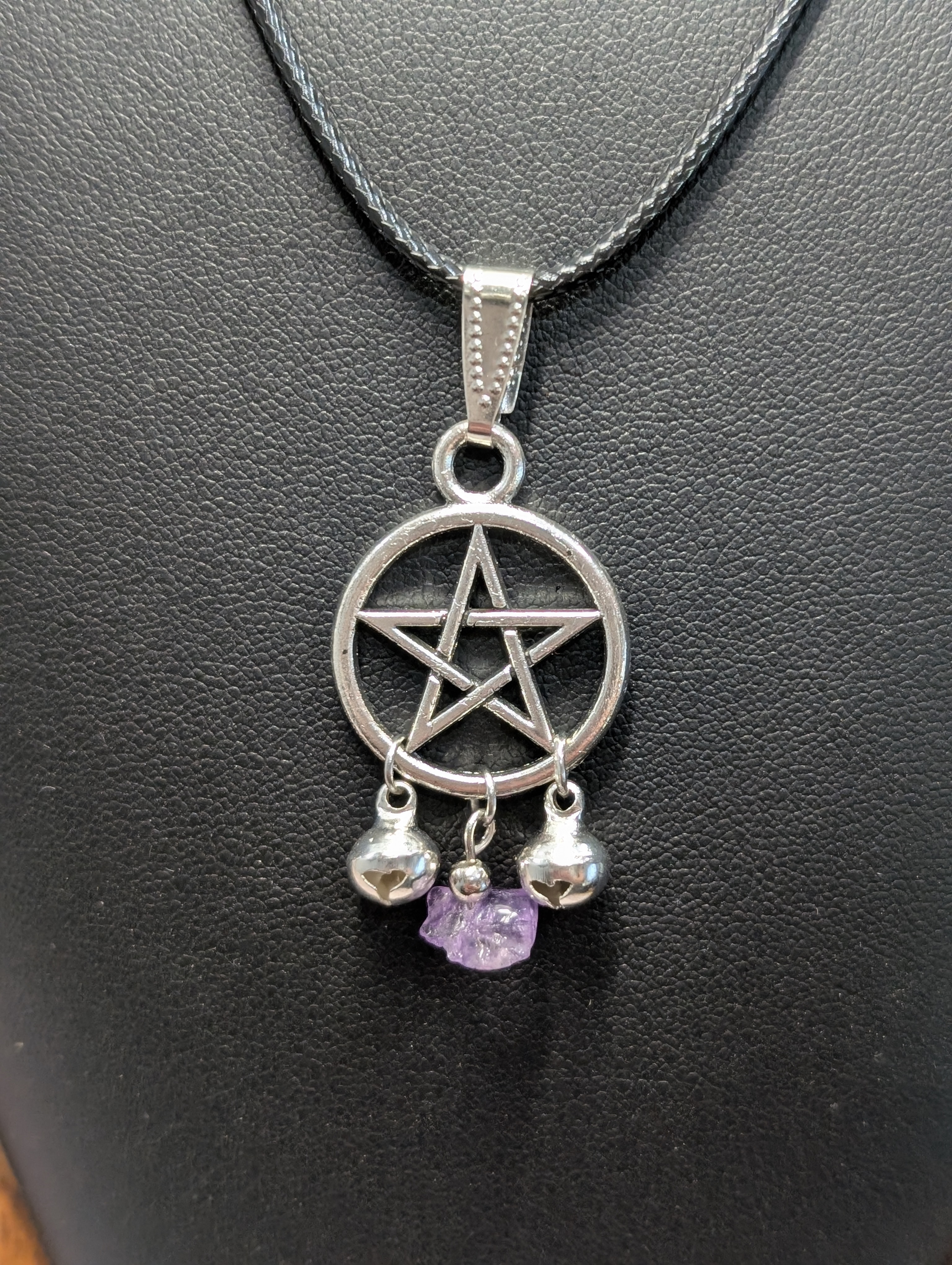 Witches Bell Pentacle Pendant Necklace with Amethyst Crystal