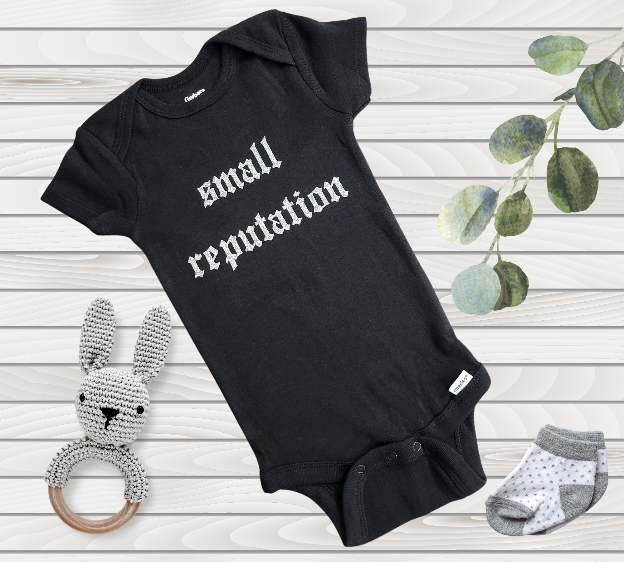 Small Reputation Glitter on Black Baby Onesie