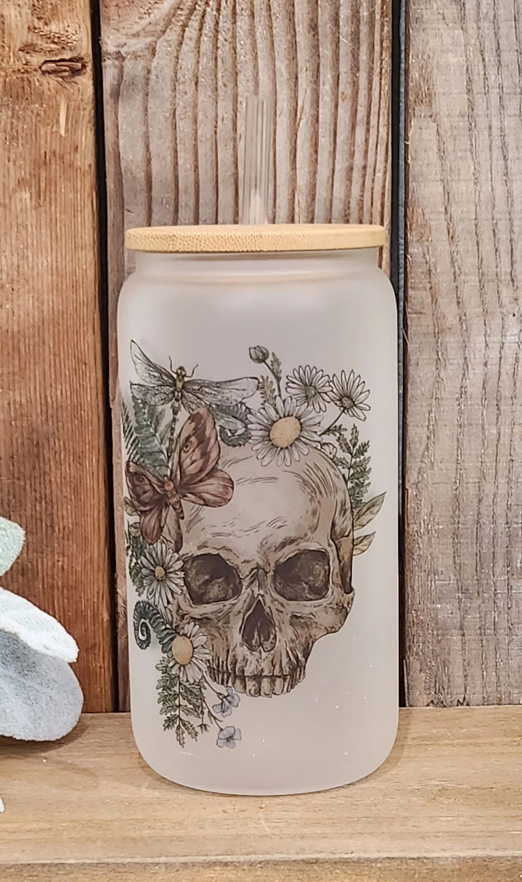 Gothic Cottagecore Skull and Flowers Frosted Glass