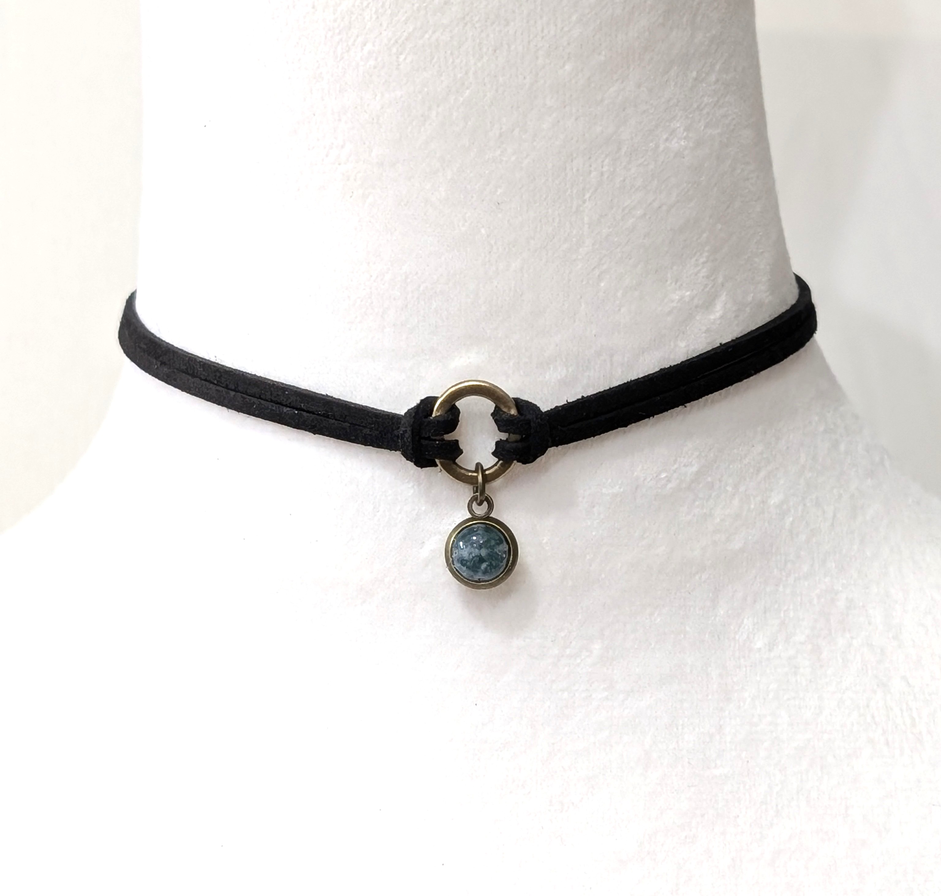 Moss Agate Gemstone Vegan Lether Chocker Necklace