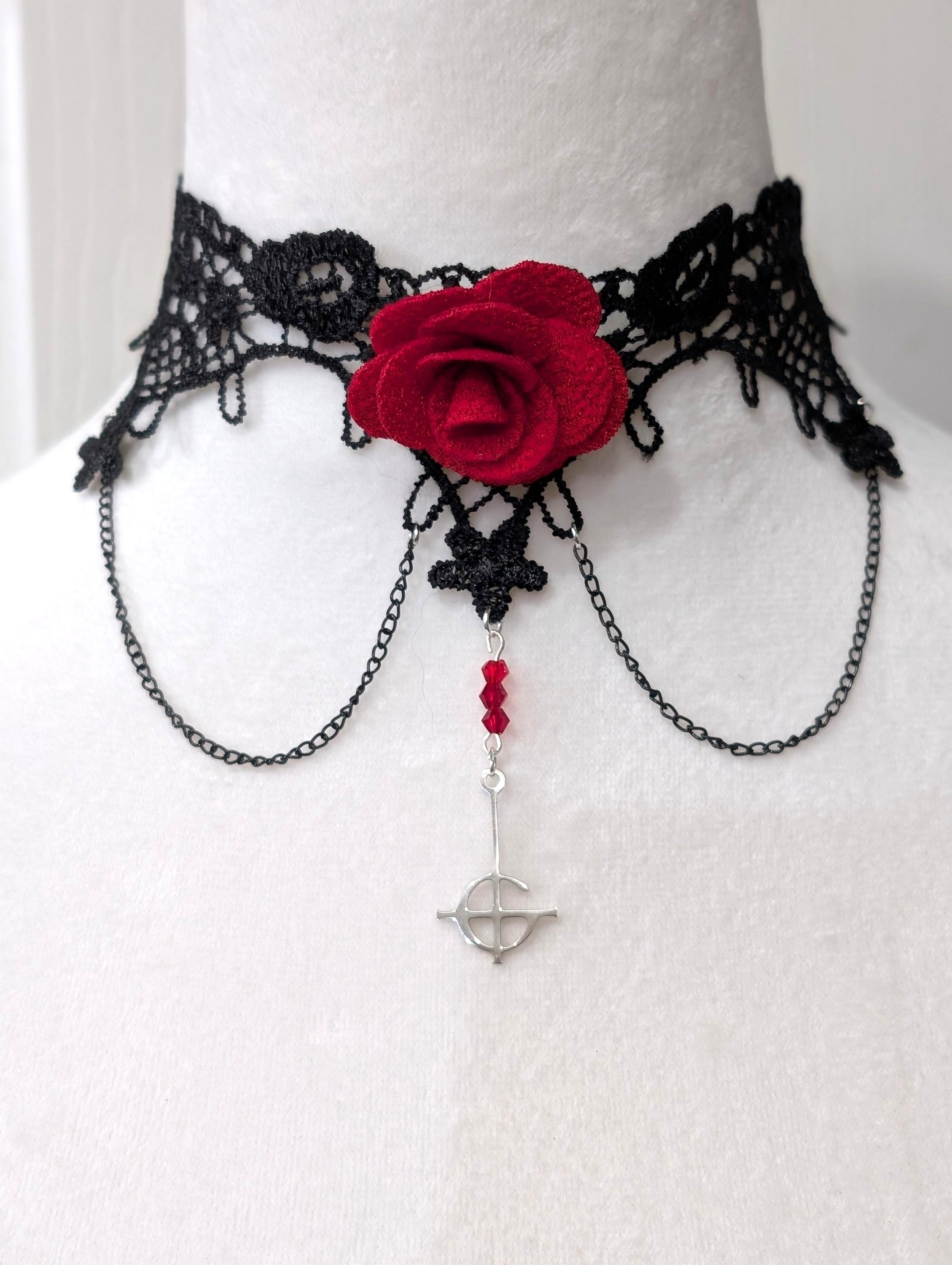 Grucifix Black Lace and Red Rose Choker Necklace