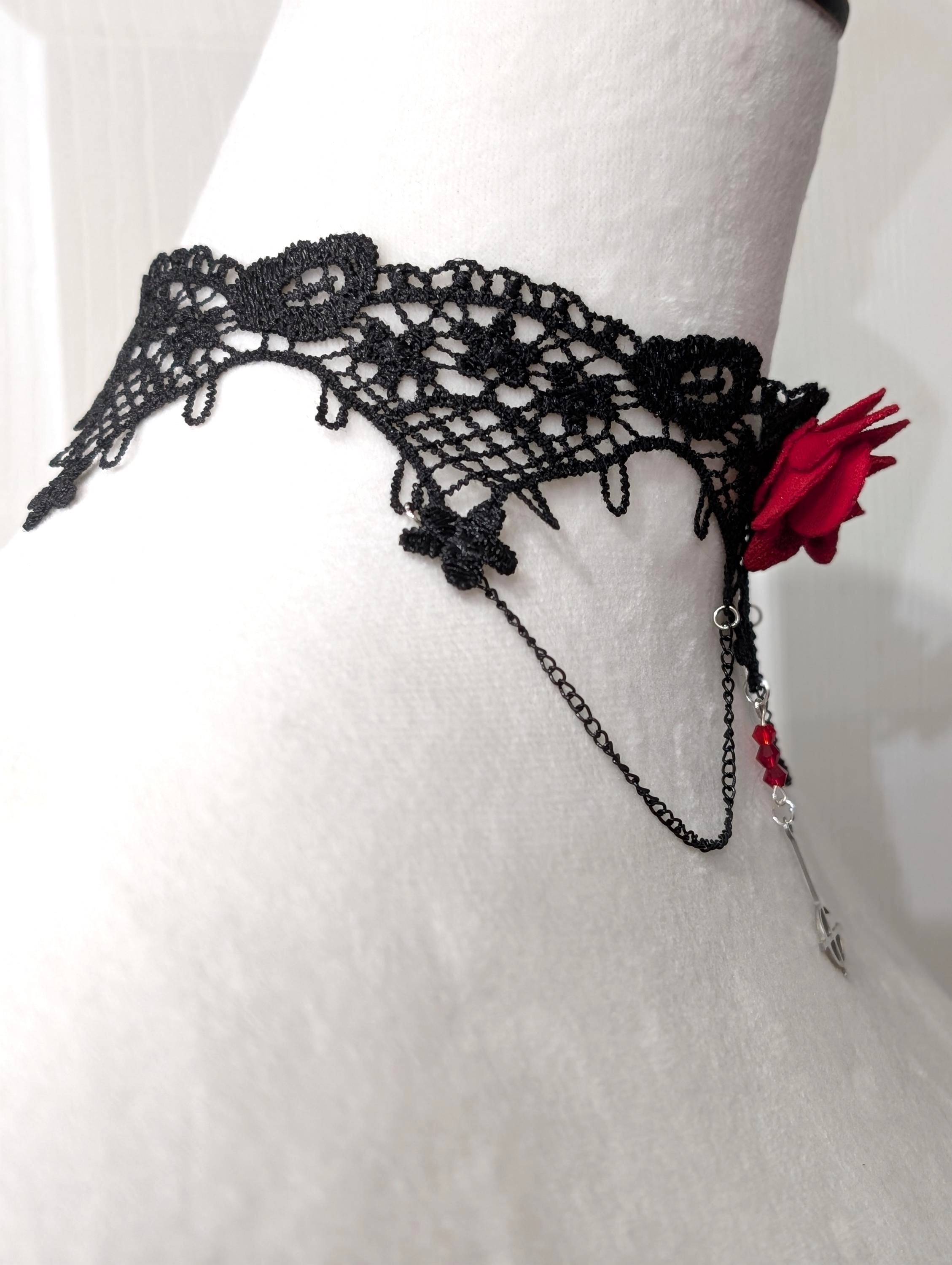 Grucifix Black Lace and Red Rose Choker Necklace