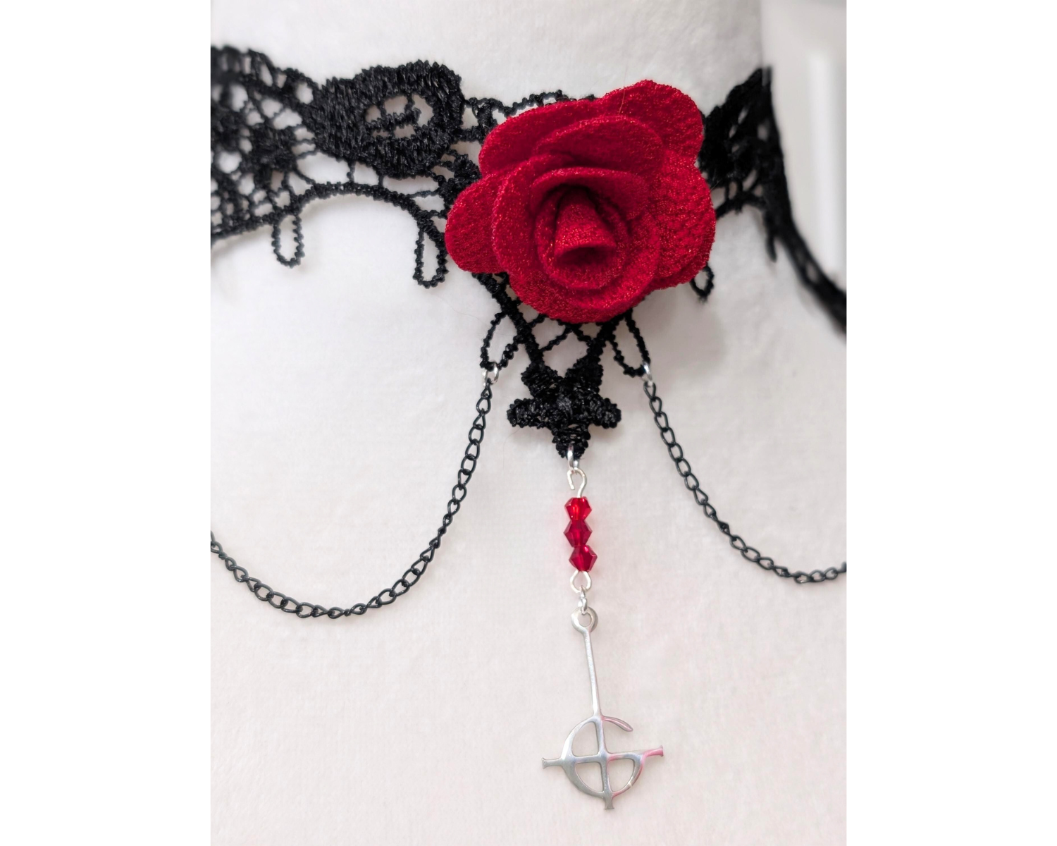 Grucifix Black Lace and Red Rose Choker Necklace