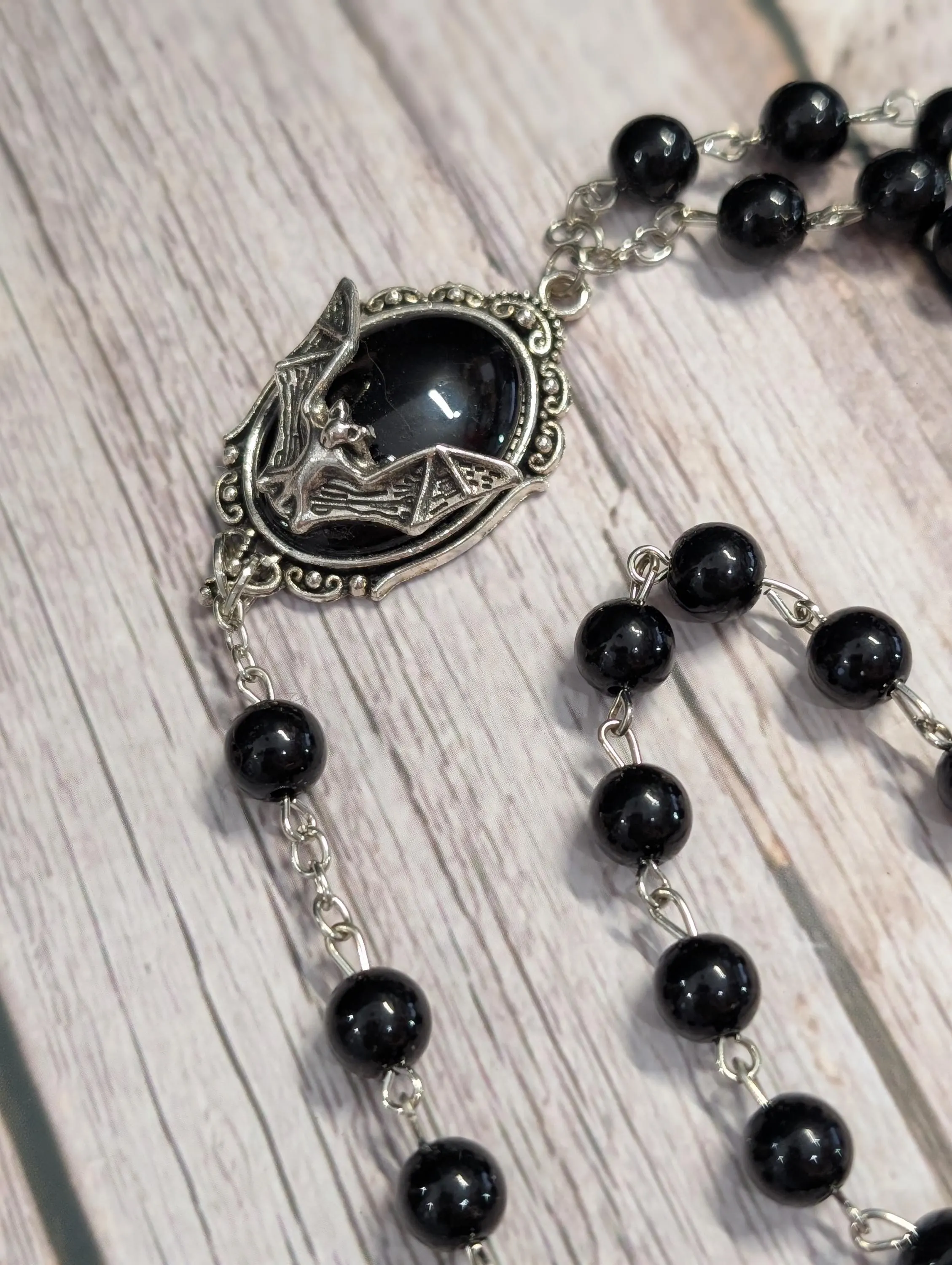 Gothic Grucifix Black Bead Rosary Necklace