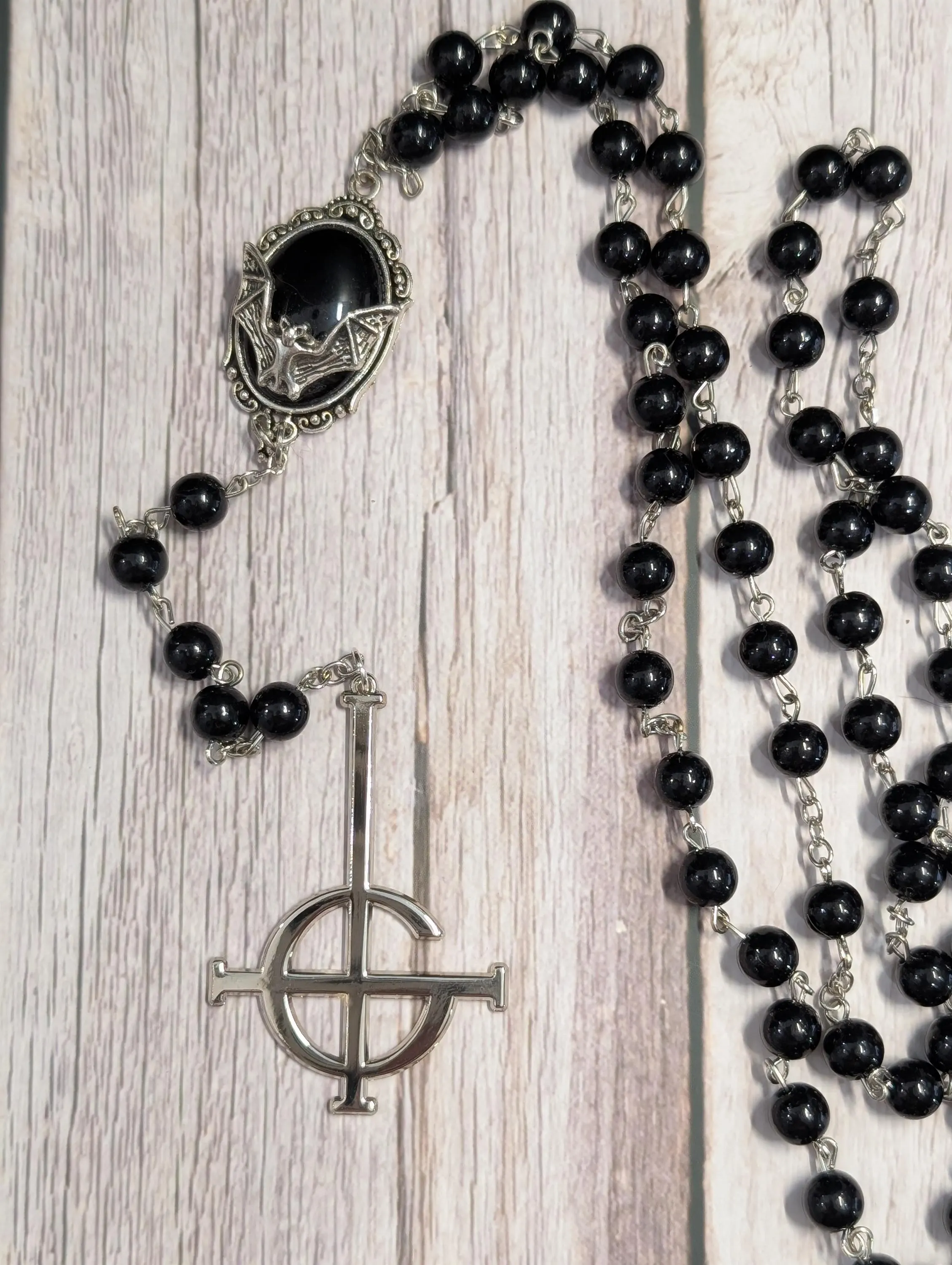 Gothic Grucifix Black Bead Rosary Necklace