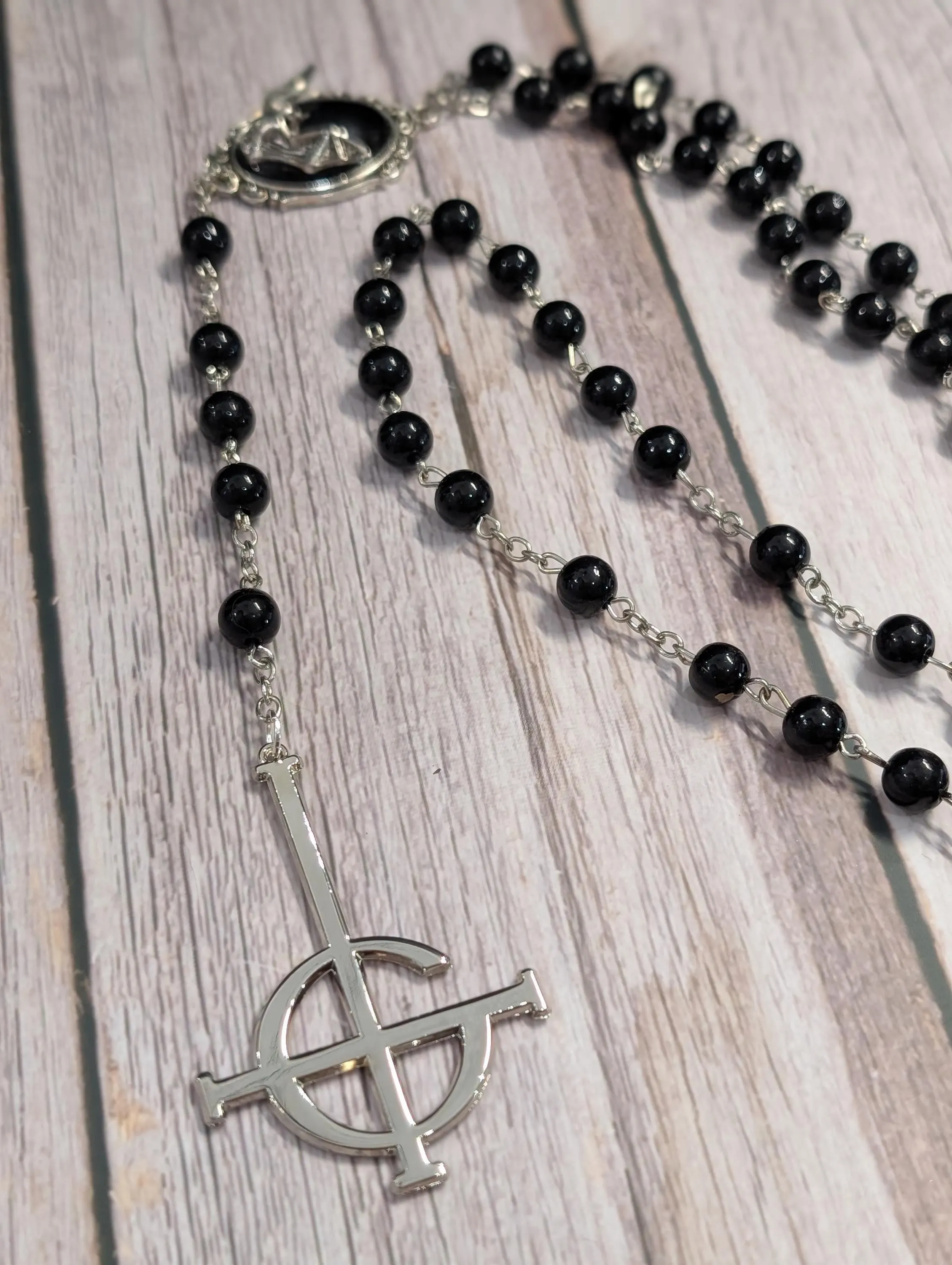 Gothic Grucifix Black Bead Rosary Necklace