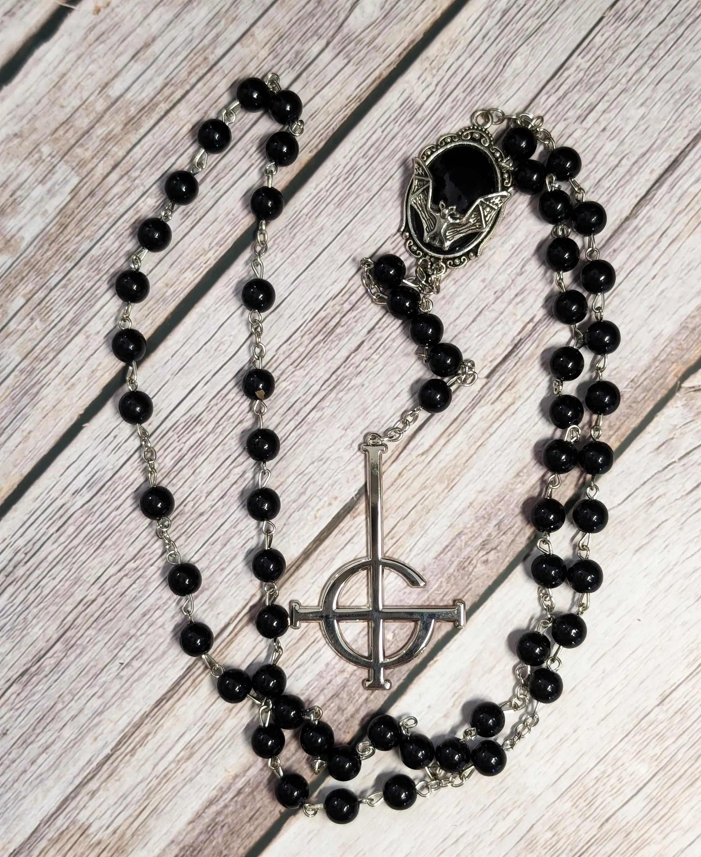 Gothic Grucifix Black Bead Rosary Necklace