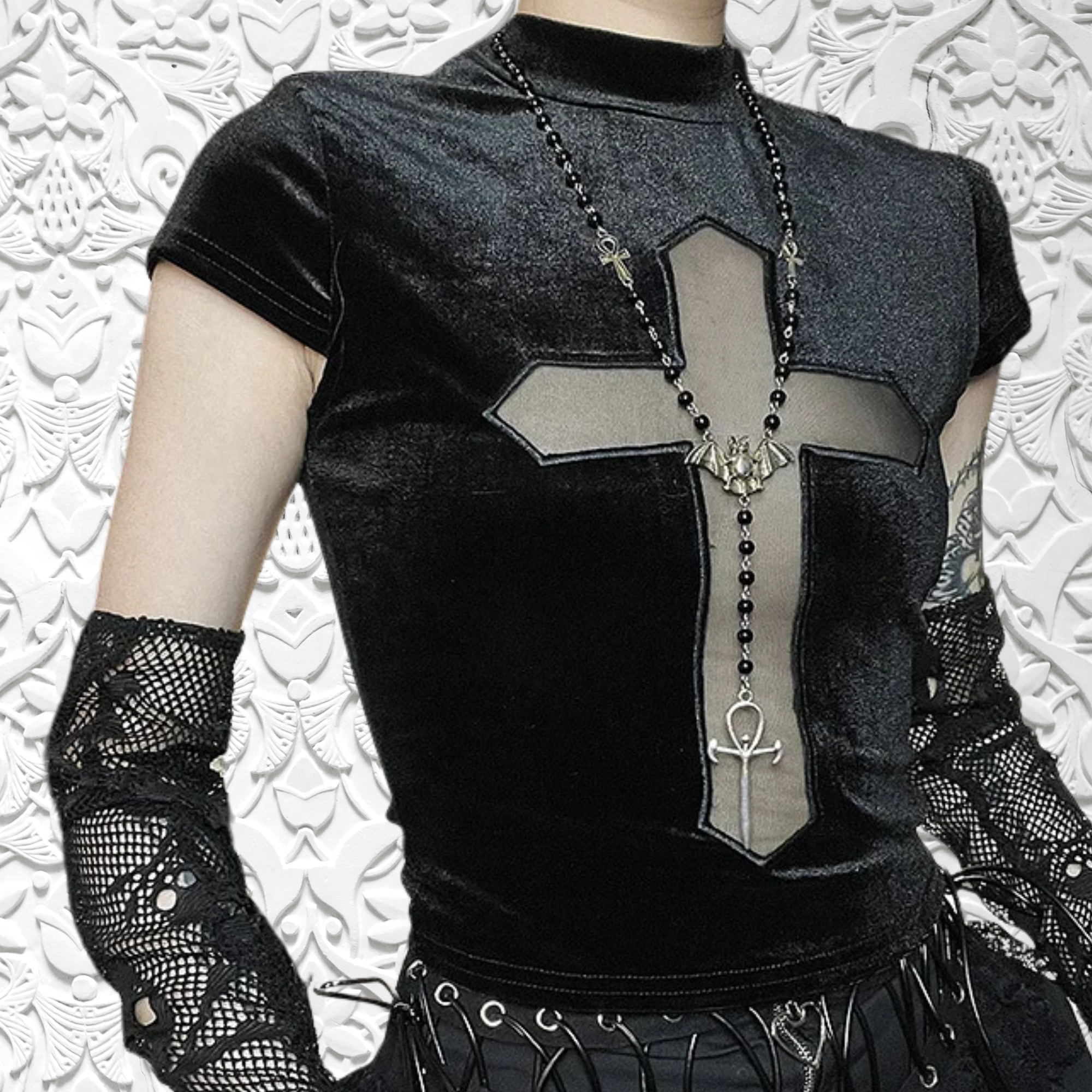 Gothic Velvet Hollow Out Mesh Cross Top 