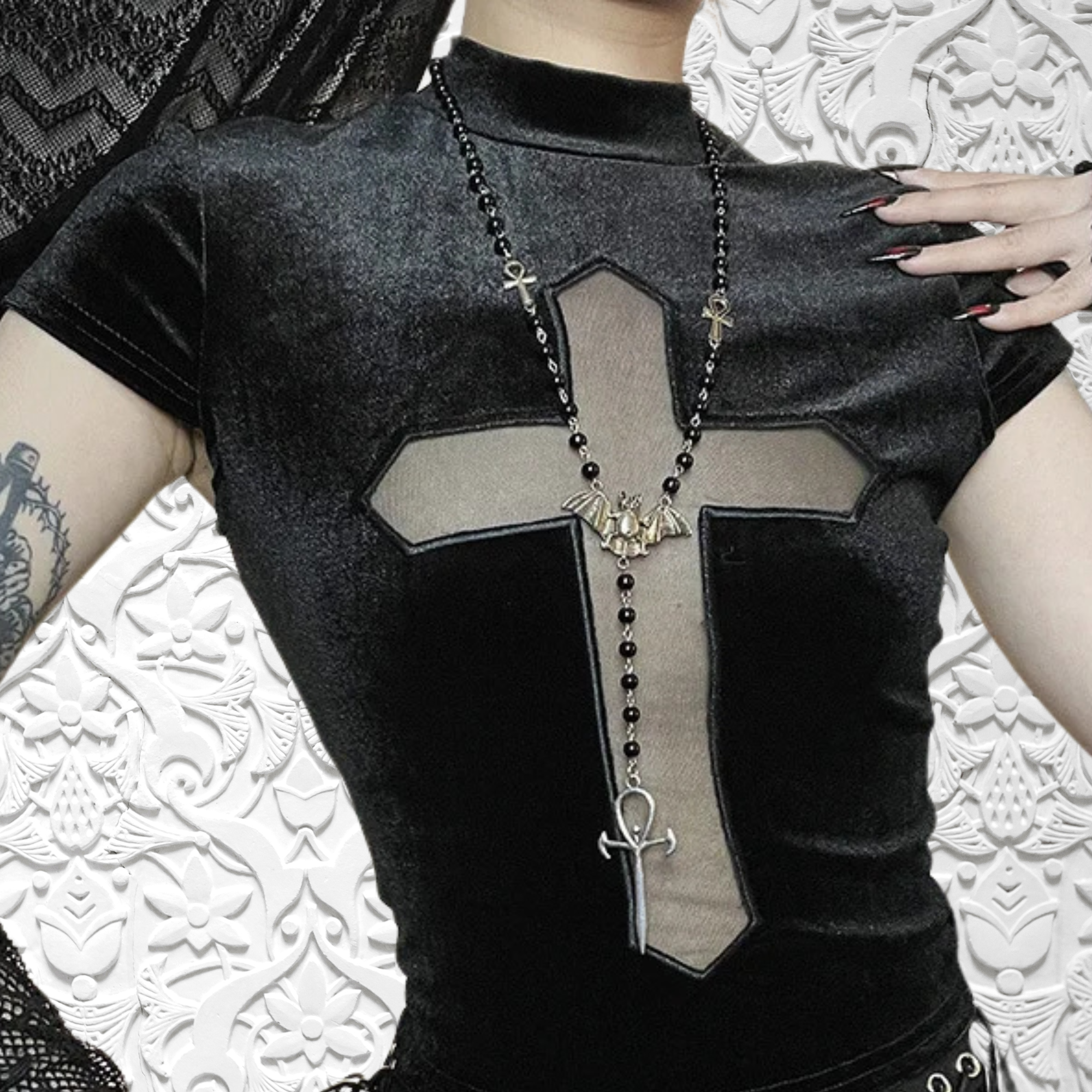 Gothic Velvet Hollow Out Mesh Cross Top