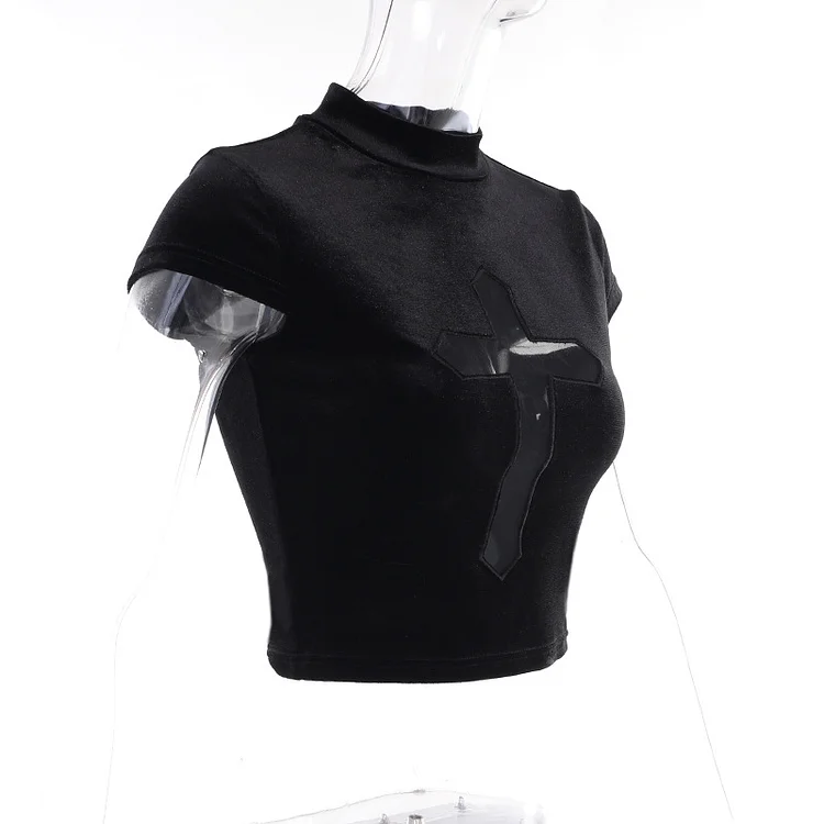 Gothic Velvet Hollow Out Mesh Cross Top 