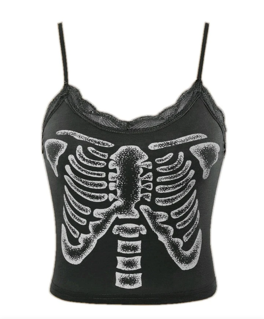 Punk Skeleton Ribcage Camisole With Lace Trim