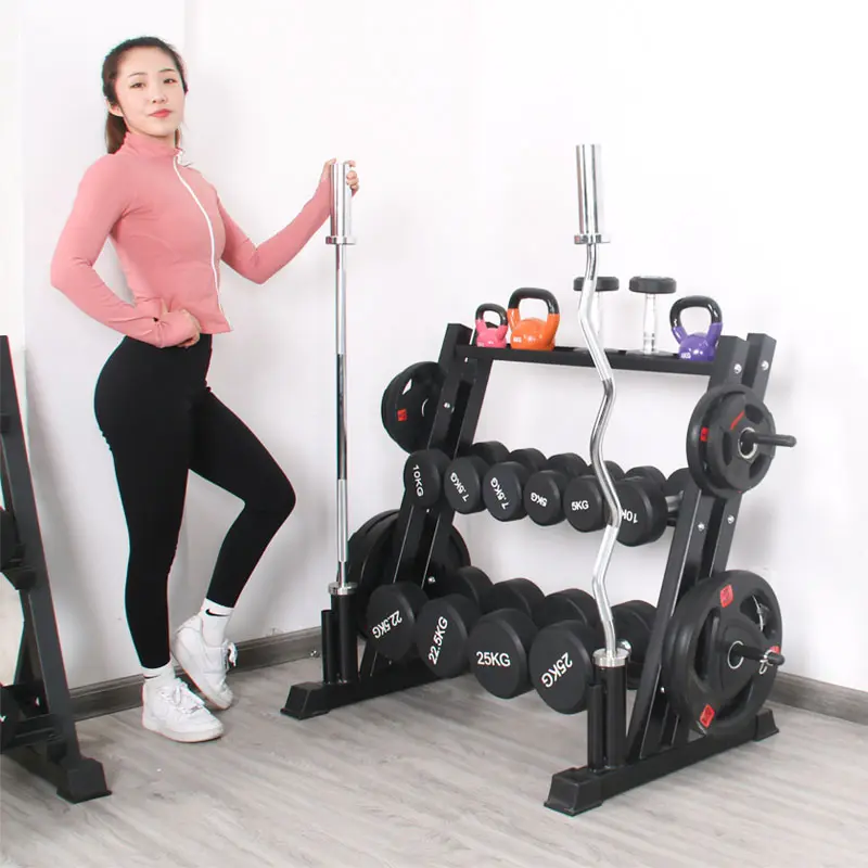 Upgrade 3-Tier Dumbbell Rack With Barbell Holder Rack Dumbbell Kettlebell Storage Rack With Plate Hanger Home Use