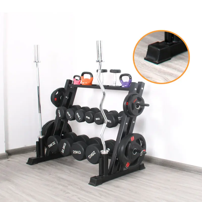 Upgrade 3-Tier Dumbbell Rack With Barbell Holder Rack Dumbbell Kettlebell Storage Rack With Plate Hanger Home Use