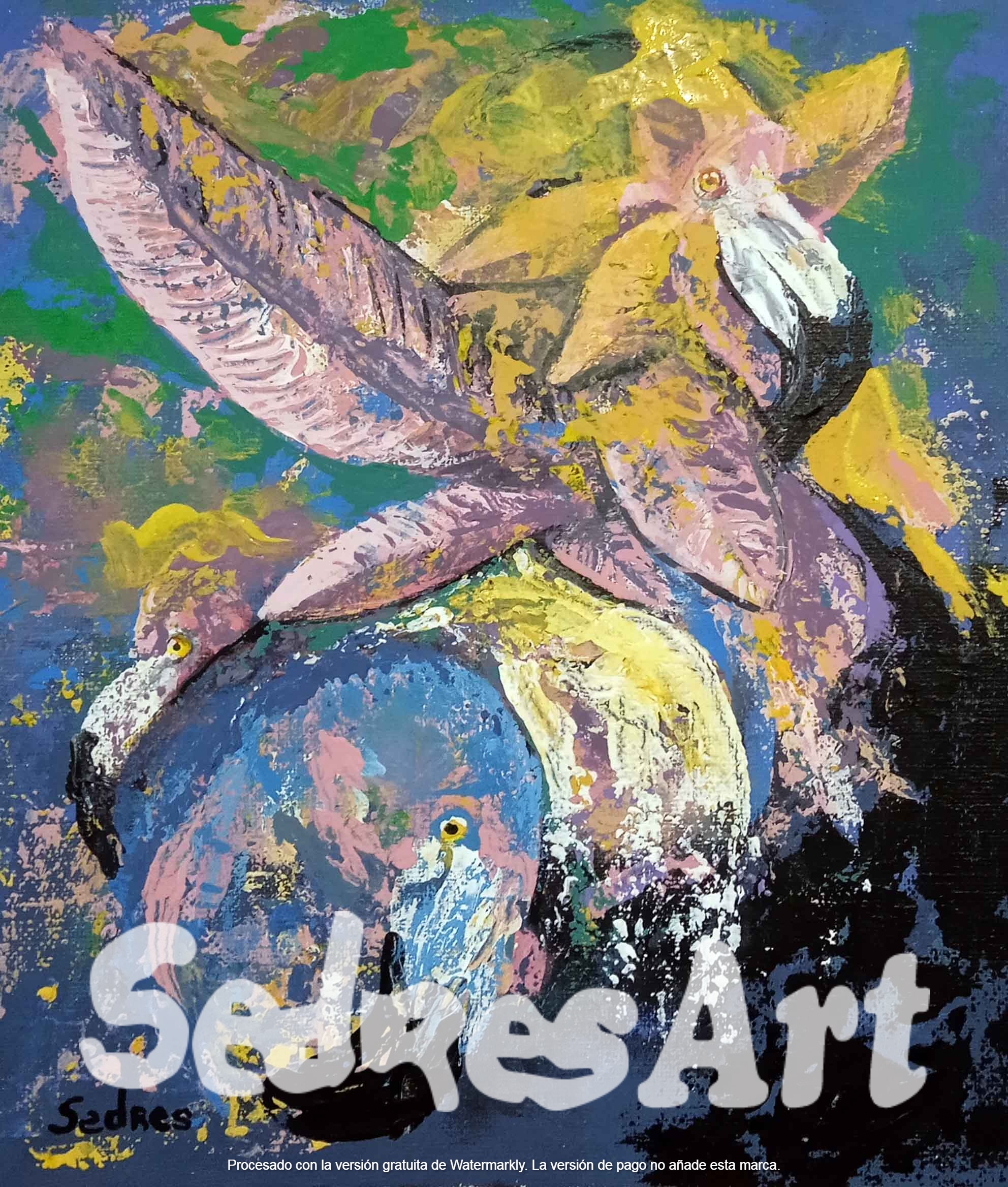 Abstract painting of flamingos
