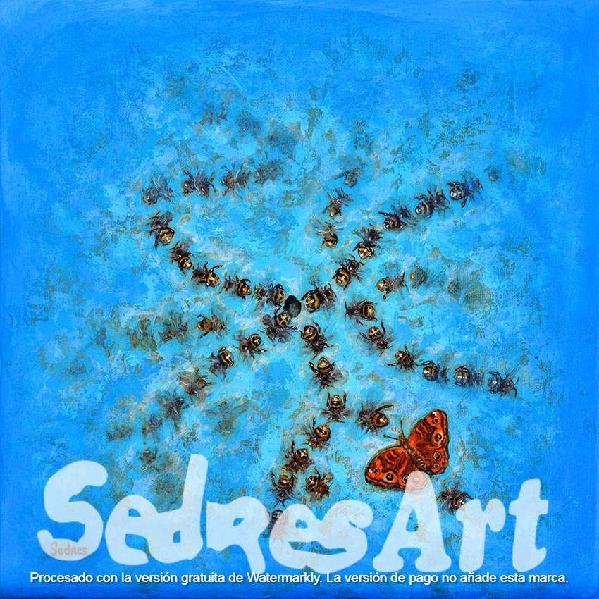 Acrylic painting with bees and butterflies