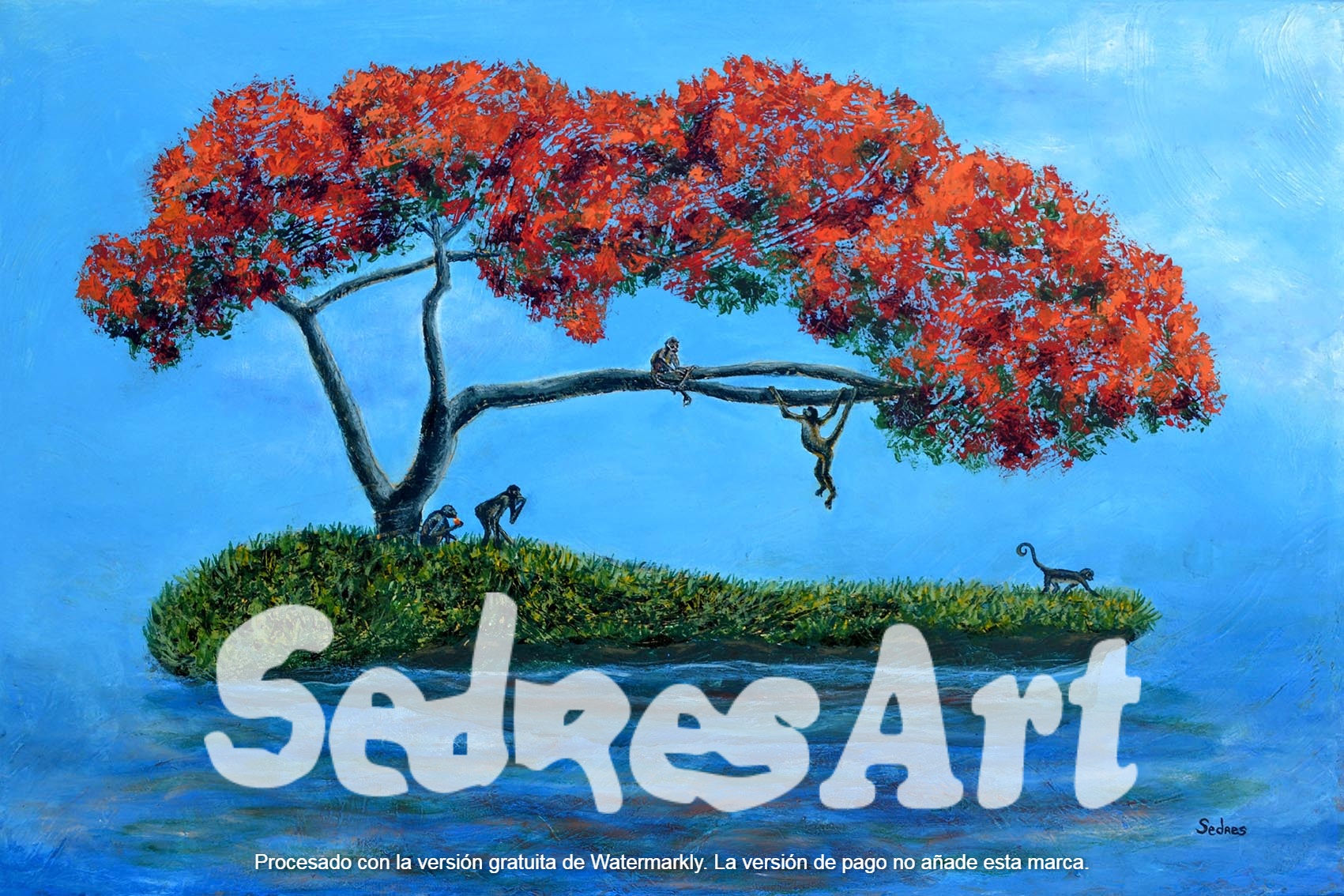 Surreal painting of a flamoyan tree and monkeys
