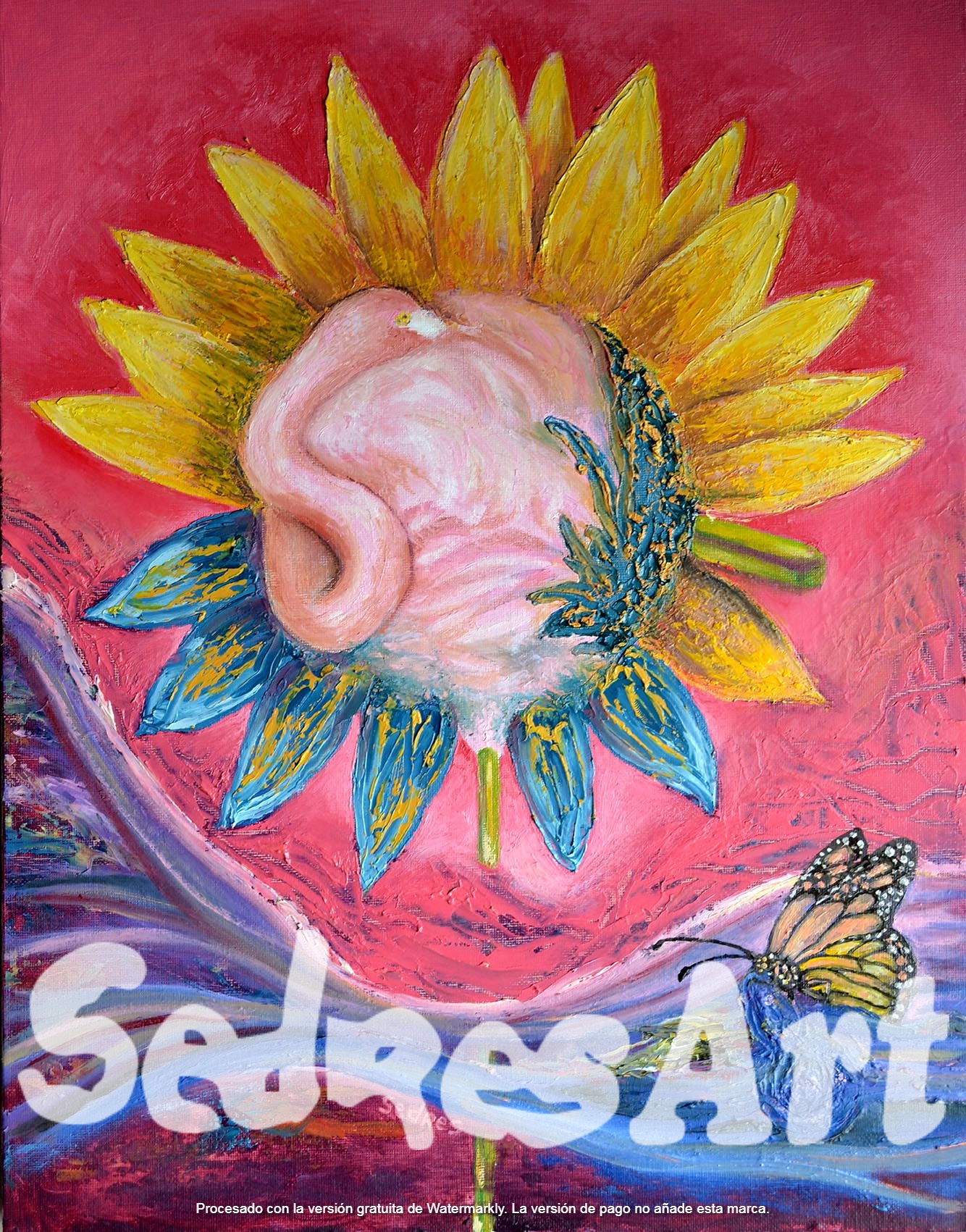 Flemish surrealist painting on sunflower