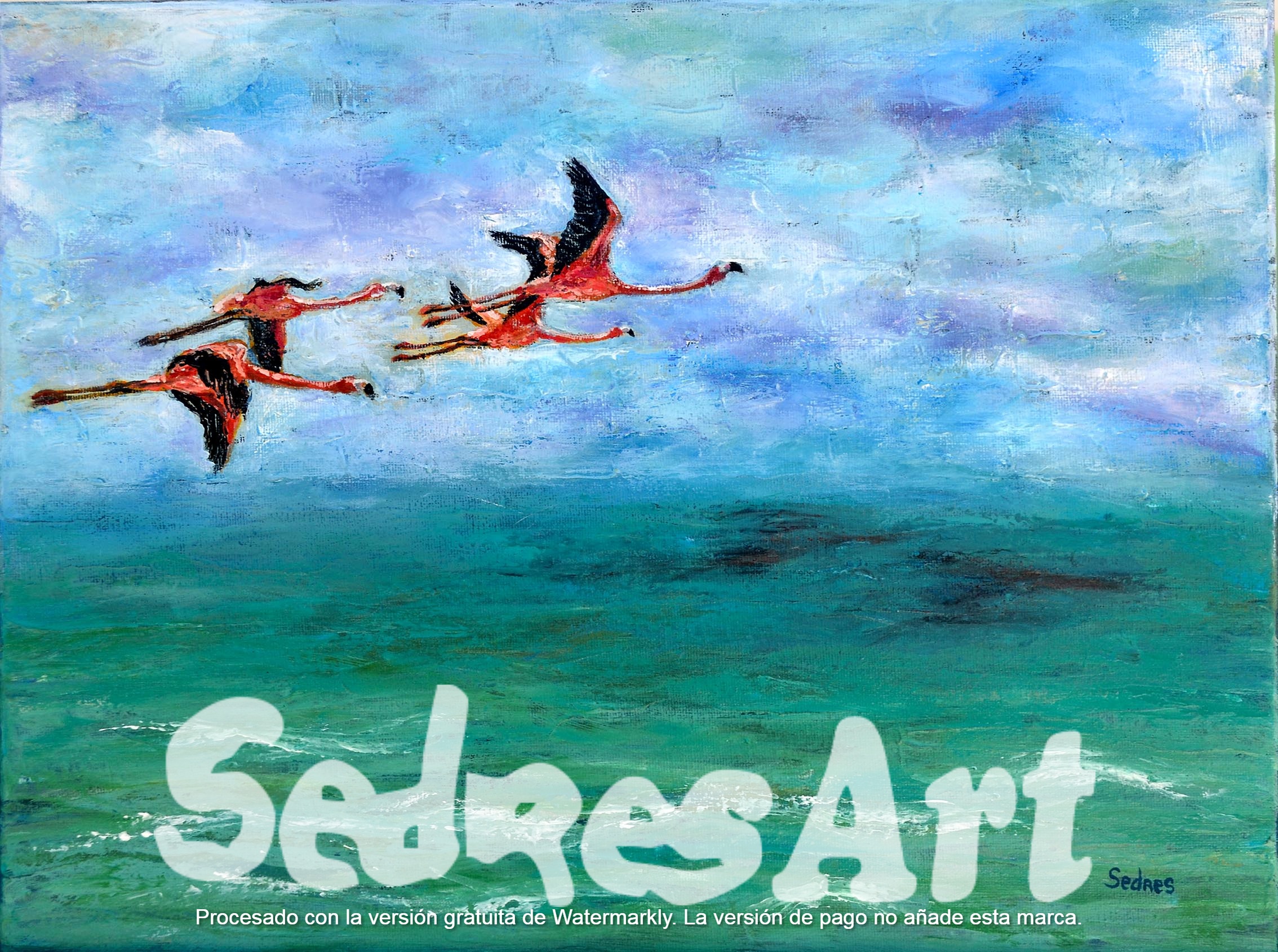 Painting of flamingos on the sea