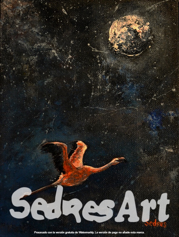 Painting of a flamingo flying under the moon
