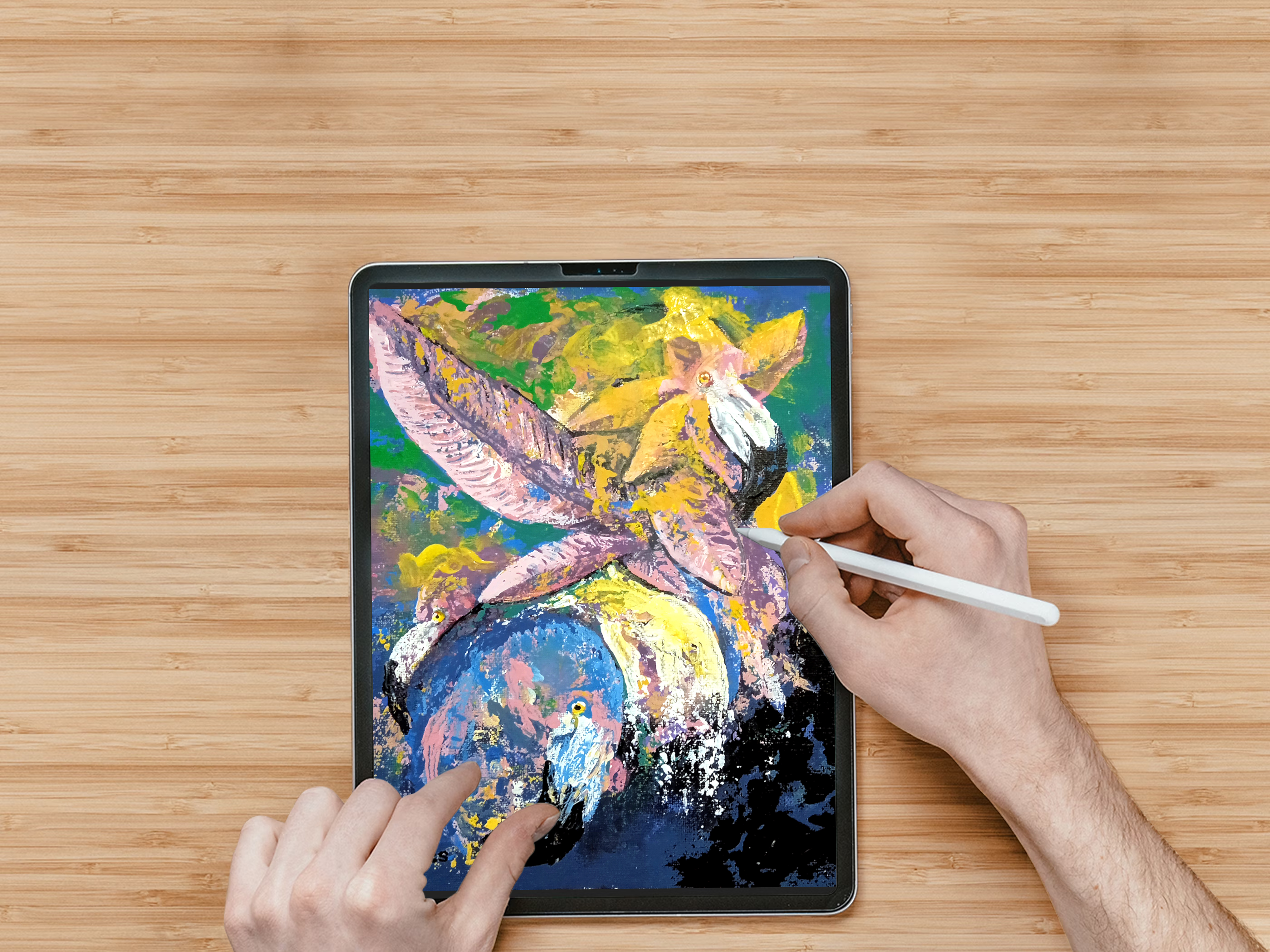 Abstract painting of flamingos