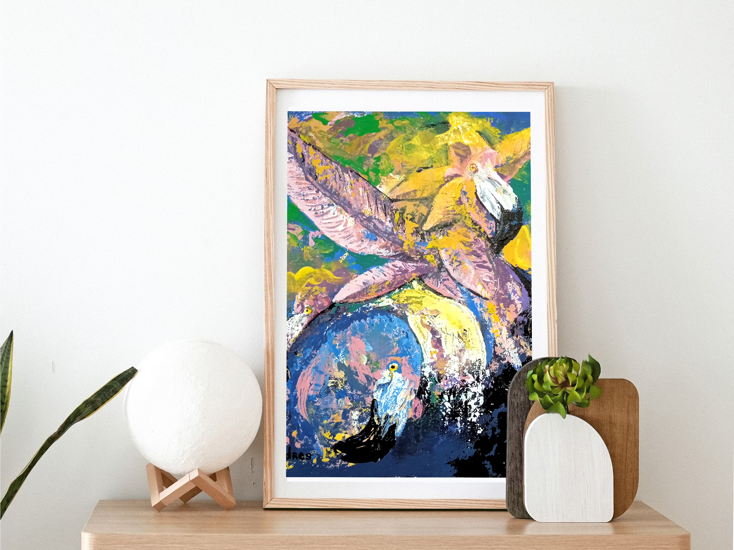 Abstract painting of flamingos