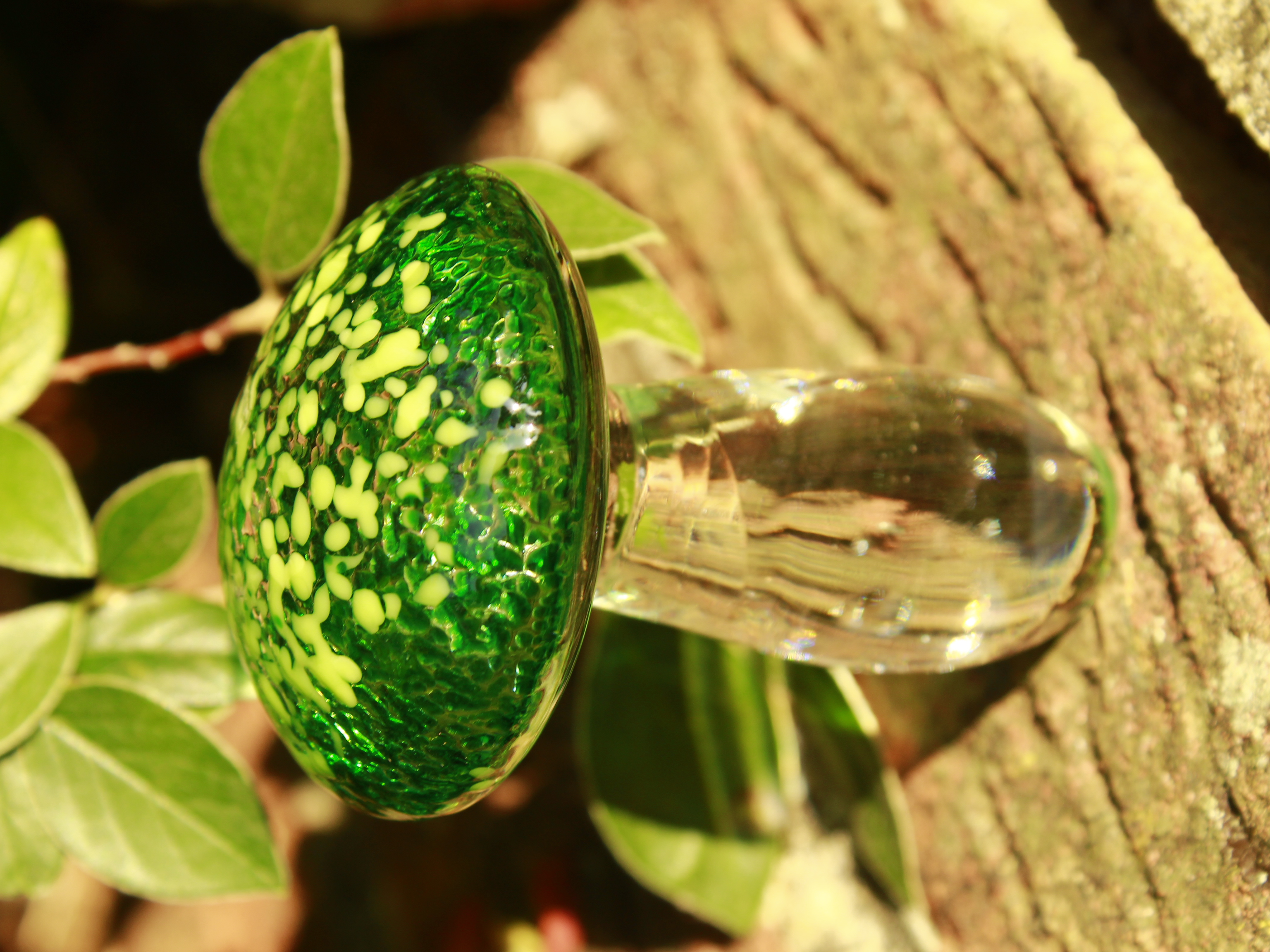 Whimsical Green Glass Mushroom Ornament. Handcrafted Glass Sculpture