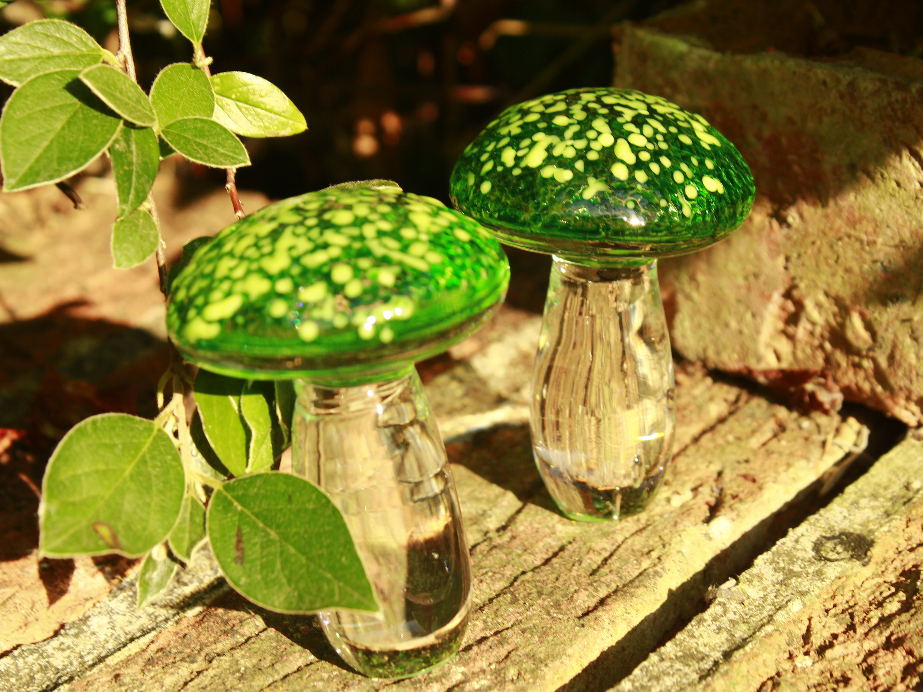 Whimsical Green Glass Mushroom Ornament. Handcrafted Glass Sculpture