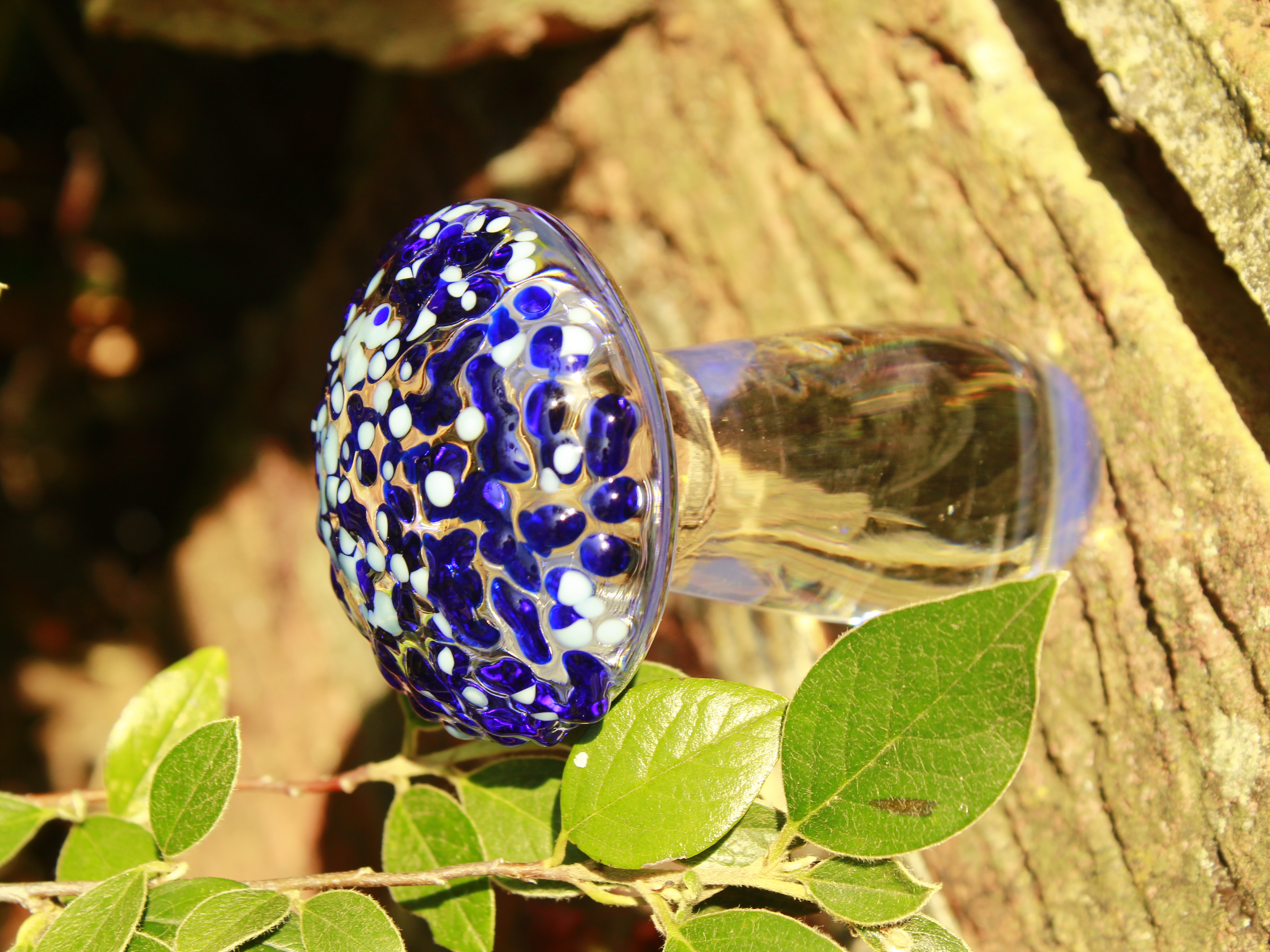 Elegant Blue Glass Mushroom Decor. Artisan Handmade Glass Sculpture