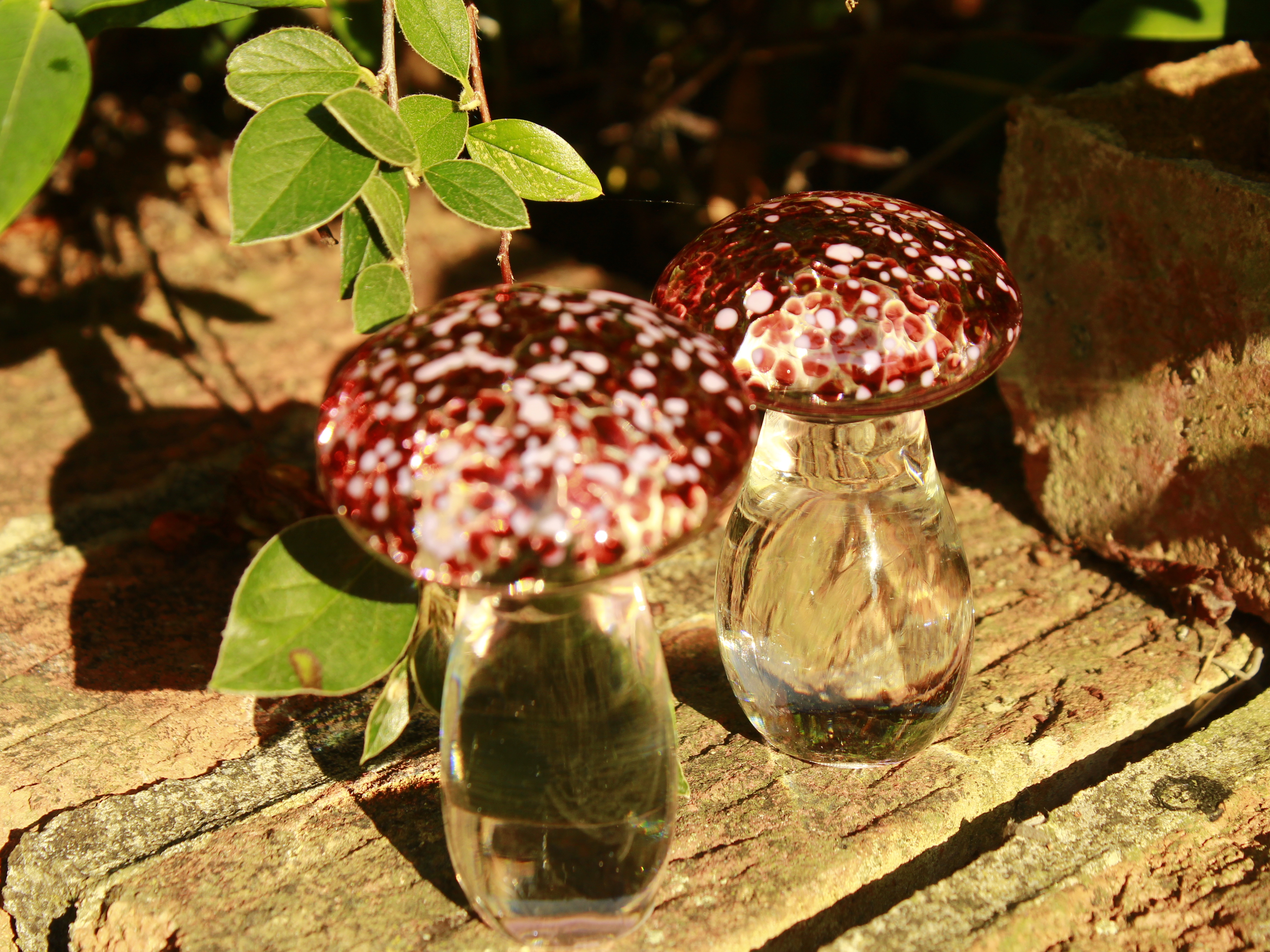 Whimsical pink Glass Mushroom Ornament. Handcrafted Glass Sculpture