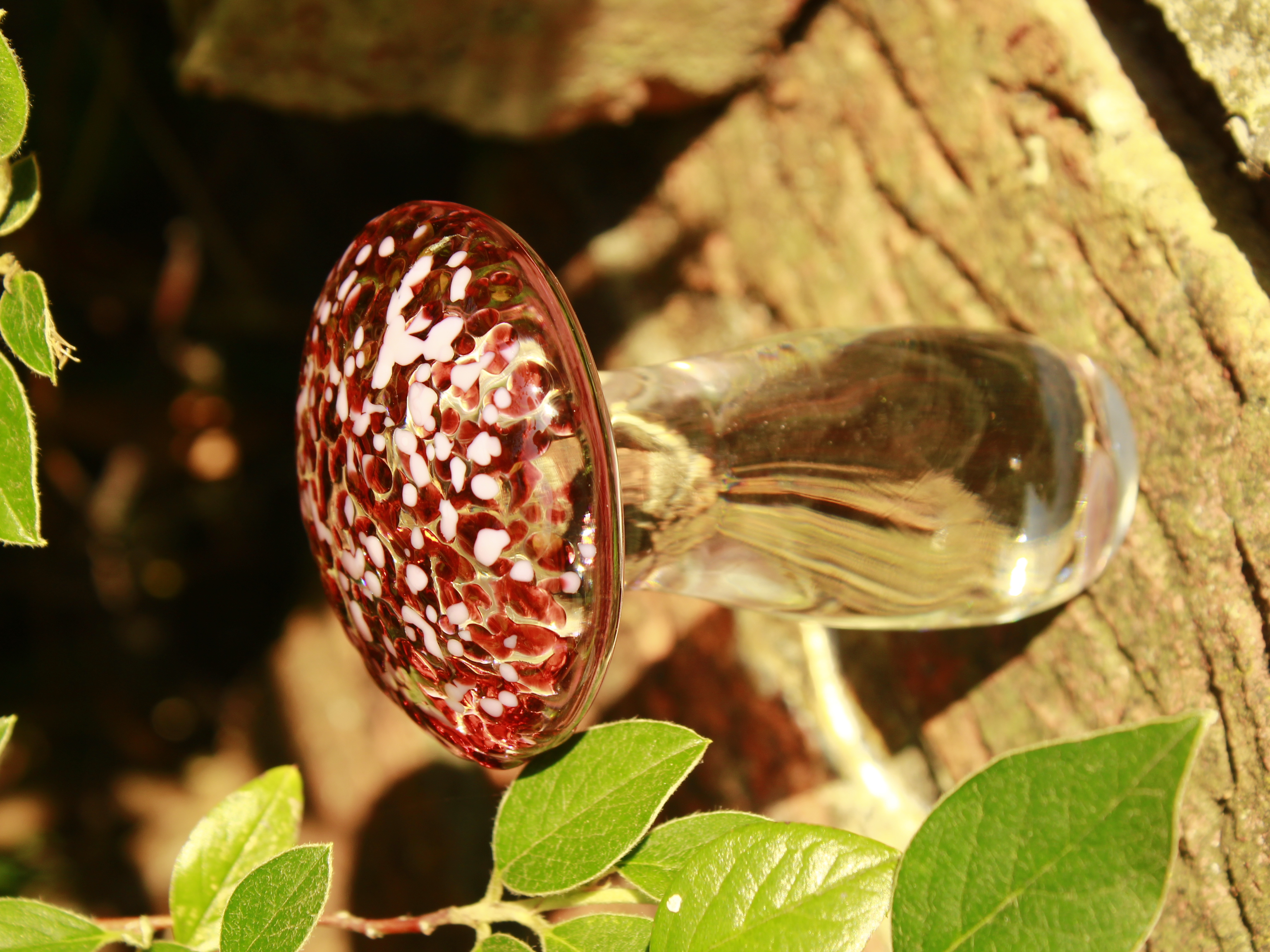 Whimsical pink Glass Mushroom Ornament. Handcrafted Glass Sculpture