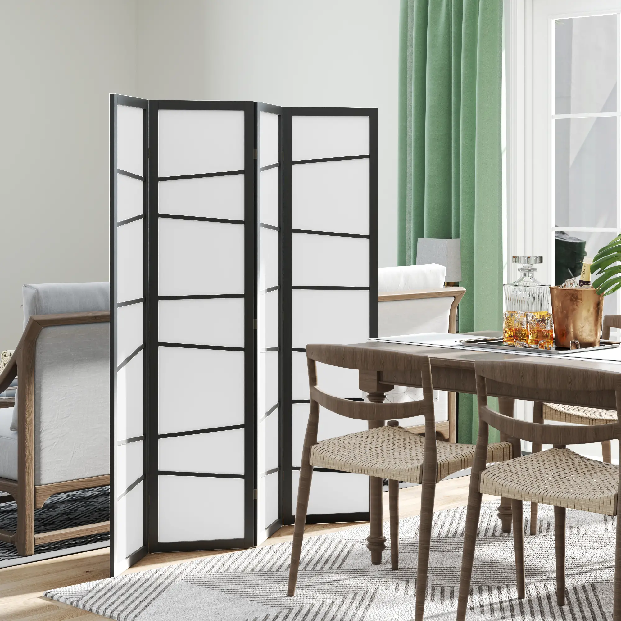 Room Divider, 5.6ft Folding, 4 Panel Wall Partition with Wood Frame for Bedroom, White