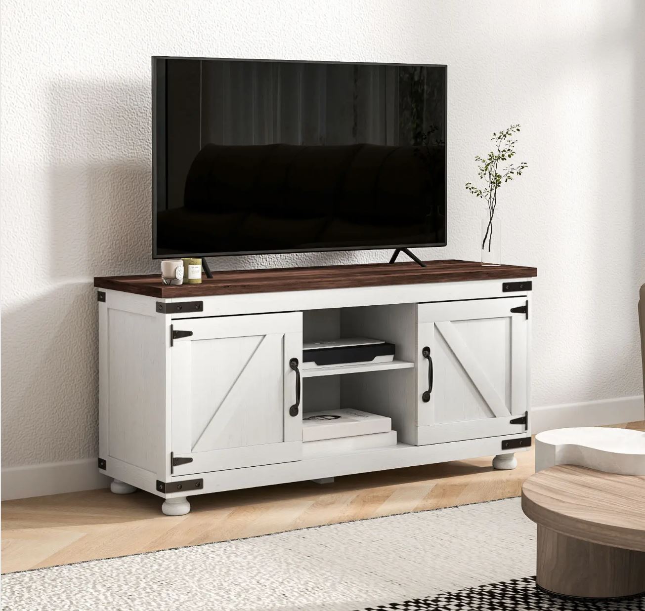 TV Stand with Barn Doors & Shelves, for up to 50" TV, Cable Management for Living Room, Distressed White