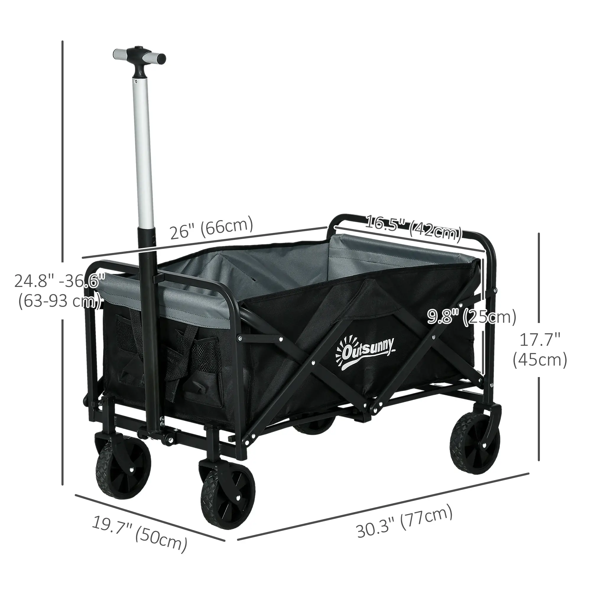 Steel Frame Folding Garden Cart, Collapsible Wagon with Telescopic Handle and All-Terrain Wheels