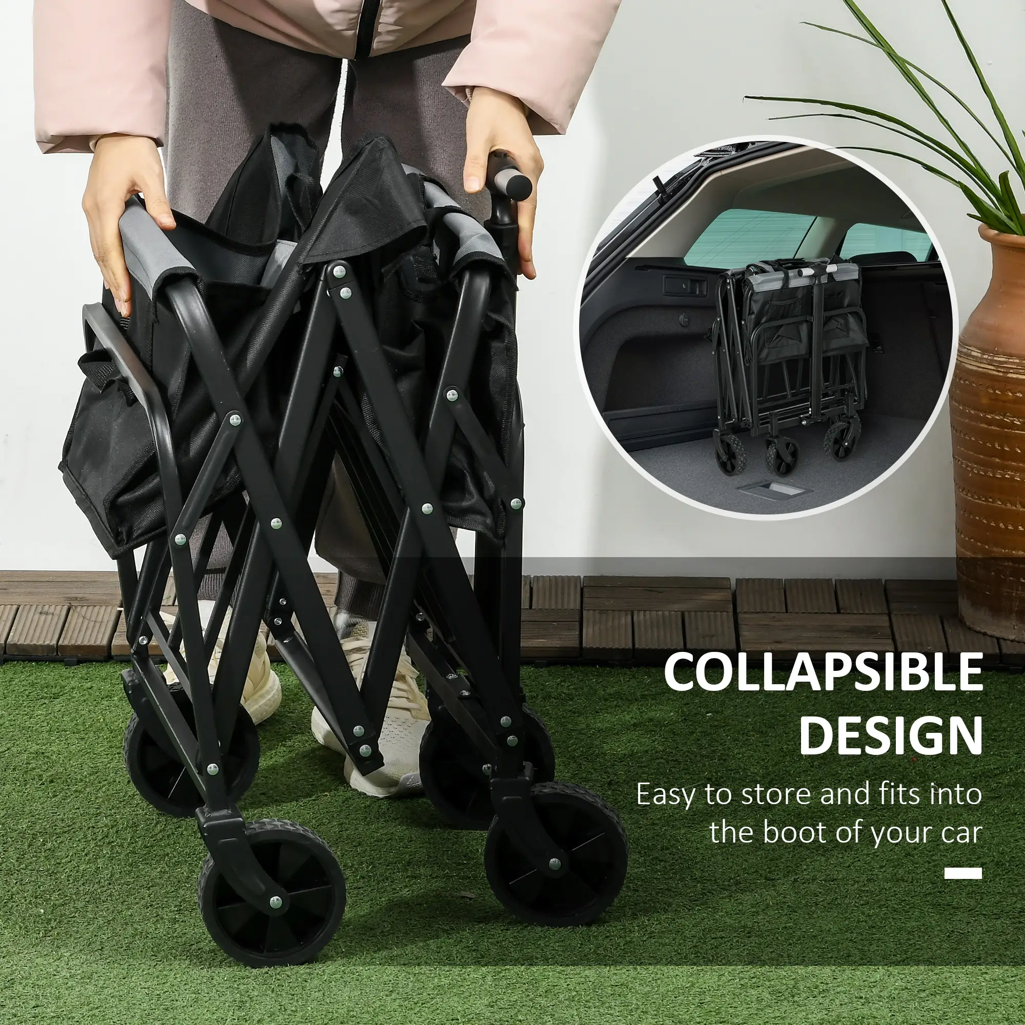 Steel Frame Folding Garden Cart, Collapsible Wagon with Telescopic Handle and All-Terrain Wheels
