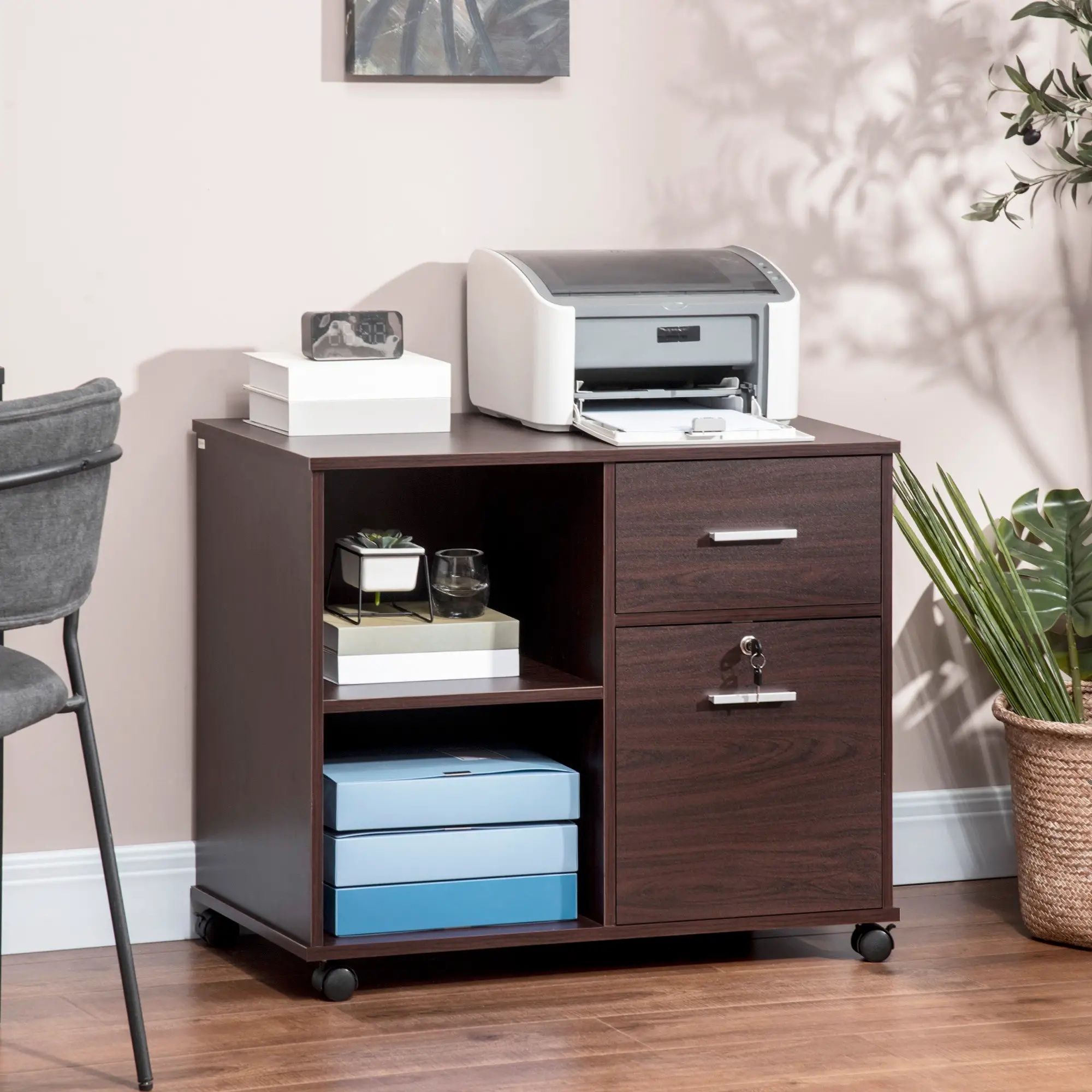 Filing Cabinet with Wheels, Locking File Cabinet, Mobile Printer Stand with Open Shelves and Drawers for A4 Size Documents