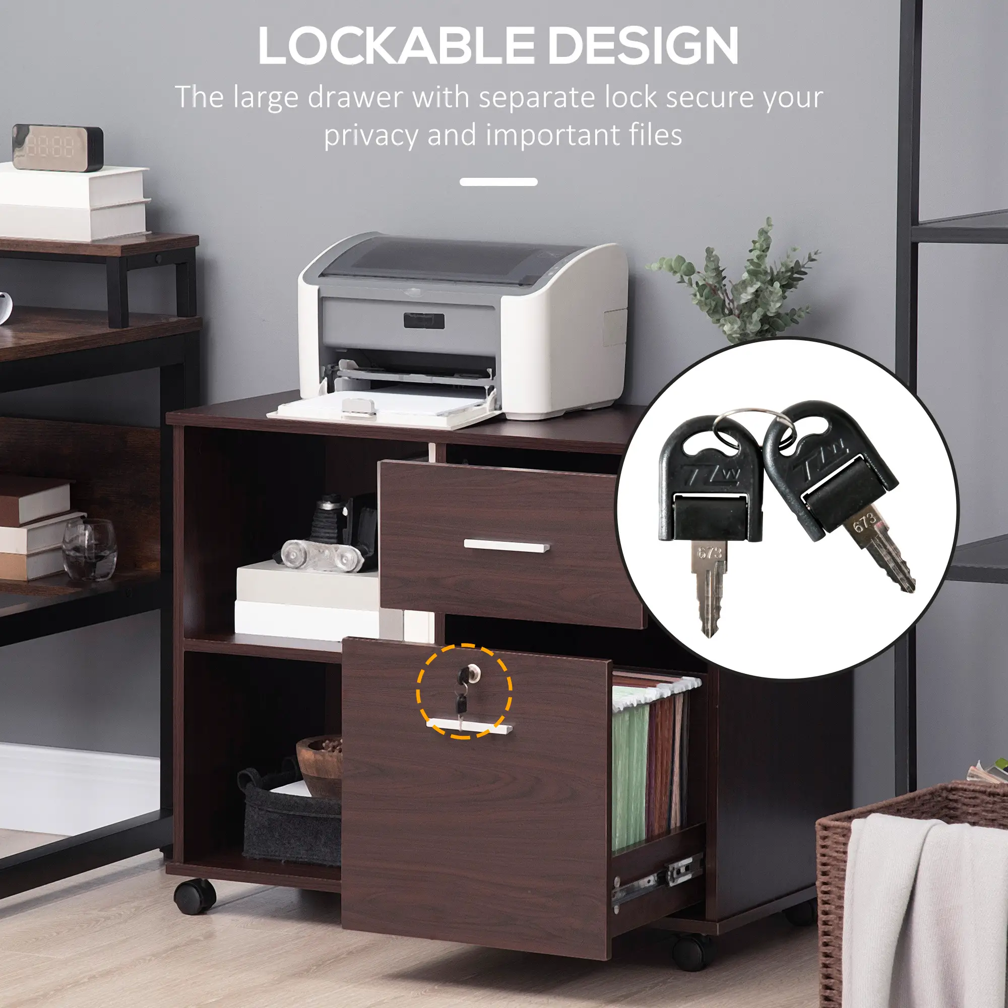 Filing Cabinet with Wheels, Locking File Cabinet, Mobile Printer Stand with Open Shelves and Drawers for A4 Size Documents