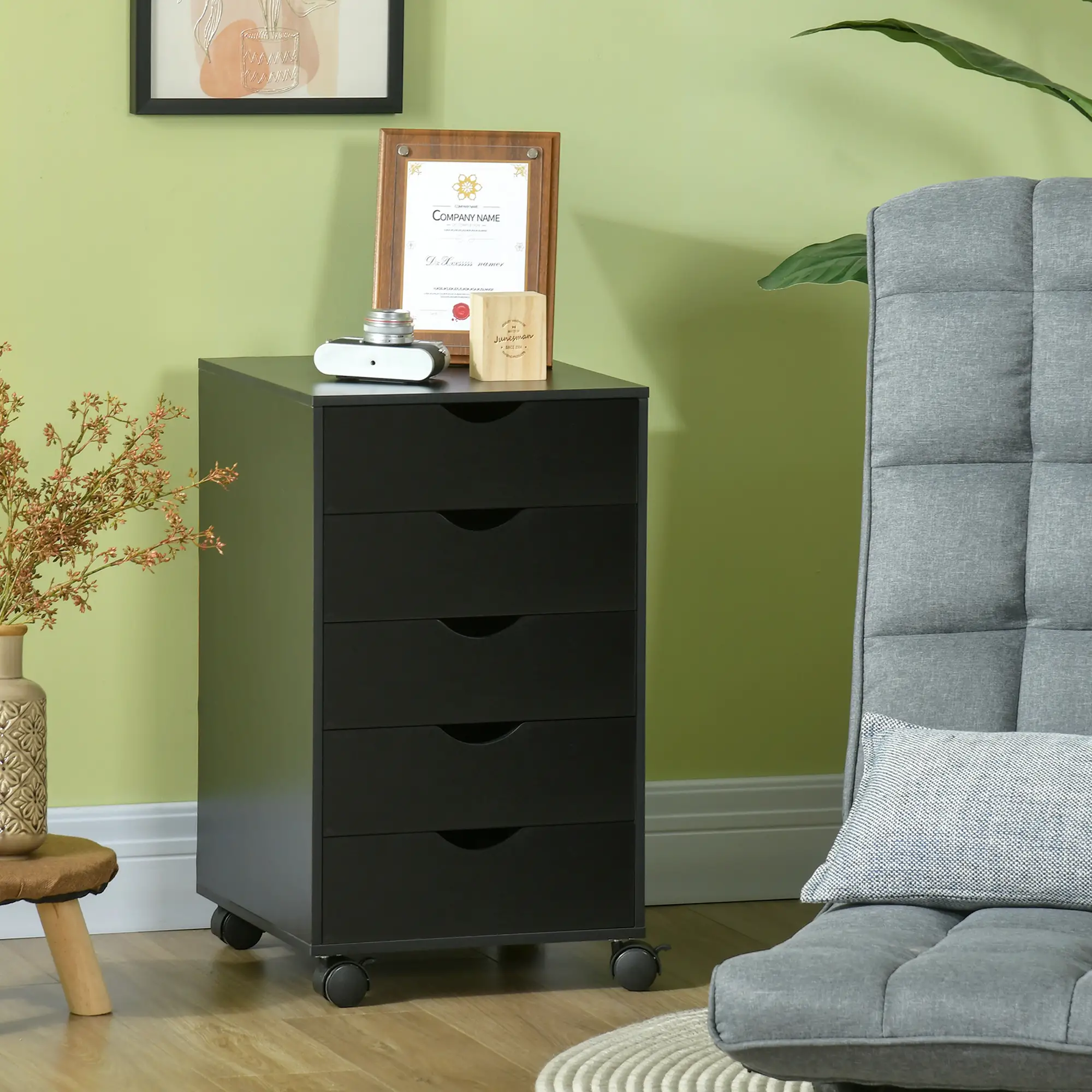 File Cabinet with 5 Drawer Wheels, 15.7" x 15.7" x 26.4", Black