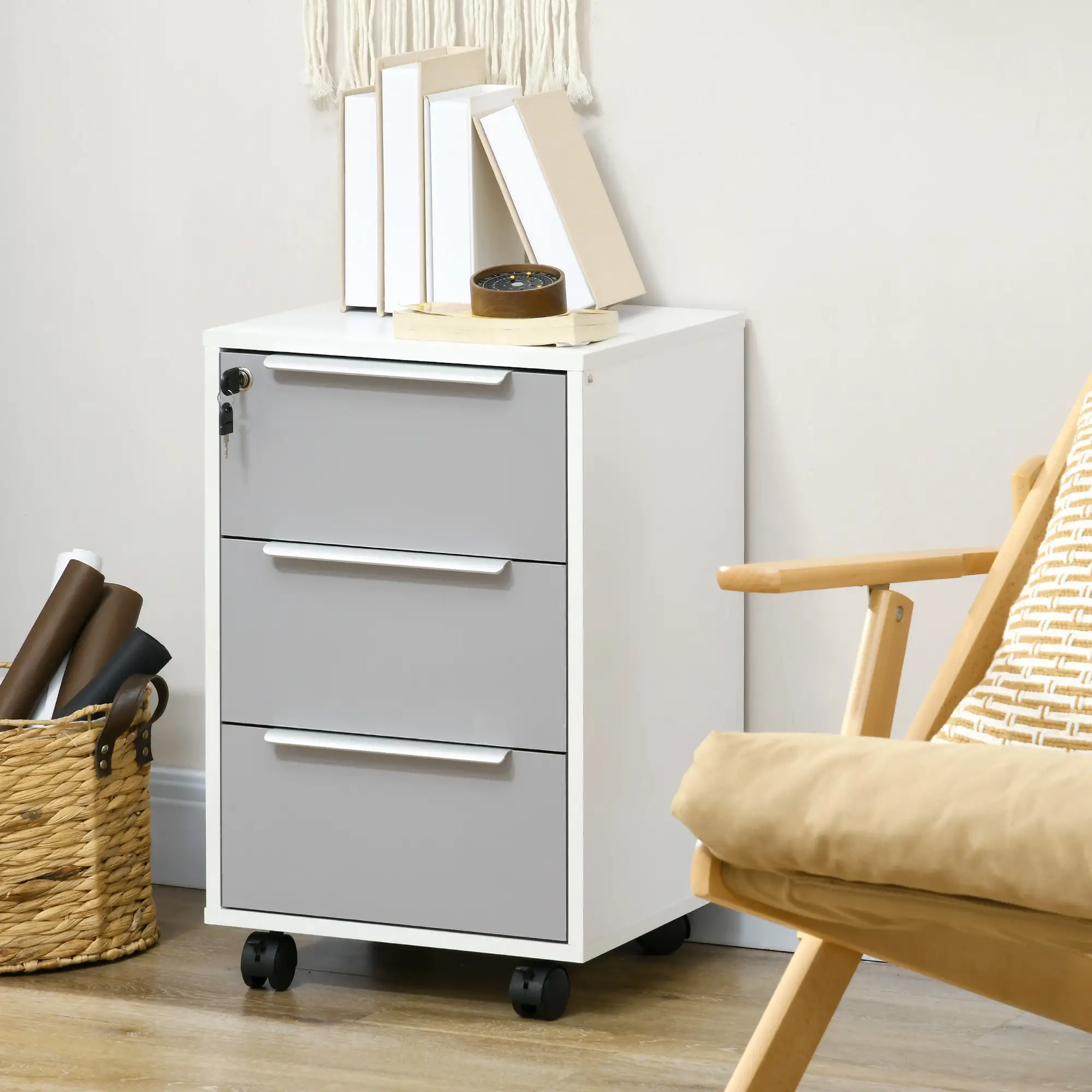 Vertical Filing Cabinet with Lock, 3 Drawer File Cabinet with Wheels, Home Office Organizer